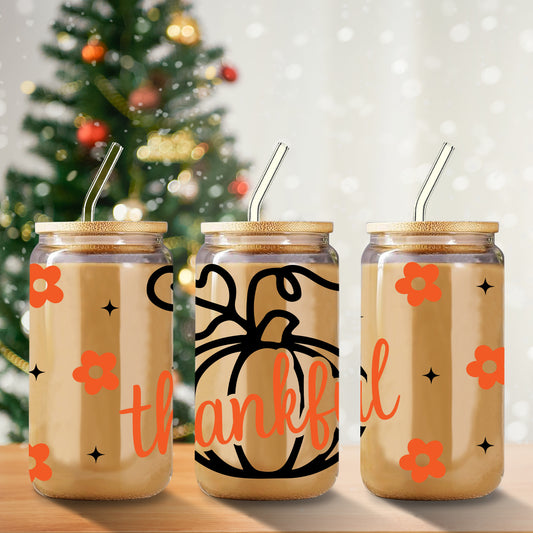 Thanksgiving 16oz Glass Tumbler with Lid & Straw - Pumpkin & Floral Design, Perfect for Beer, Soda, Coffee - Ideal Holiday Gift for Christmas, Valentine's Day