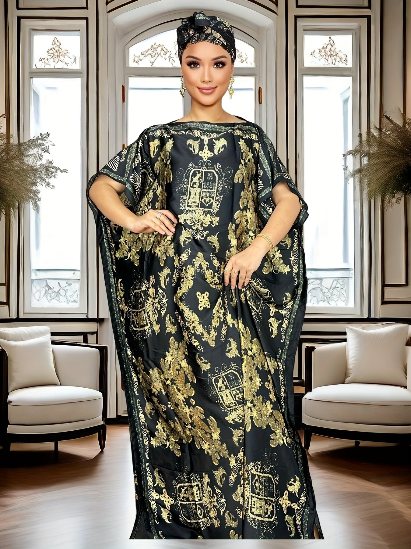 Plus Size Allover Print Kaftan Dress, Elegant Batwing Sleeve Maxi Dress, Women's Plus Size Clothing