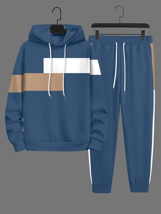 2-piece Color Block Men's Casual Tracksuit Set, Casual Long Sleeve Drawstring Hoodie And Jogging Pants Set For Gym Workout Running, Spring And Autumn