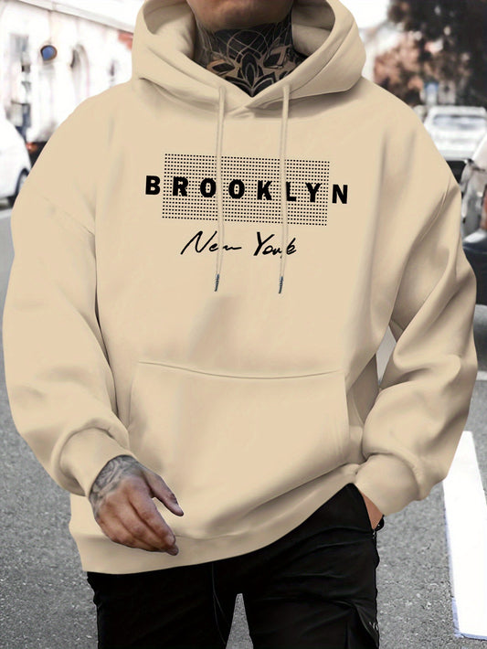 Men'S Brooklyn New York Graphic Print Hoodie - Casual Knit Fabric Pullover with Drawstring Hood for Fall/Winter, Regular Fit, 100% Polyester, Long Sleeve Hooded Sweatshirt