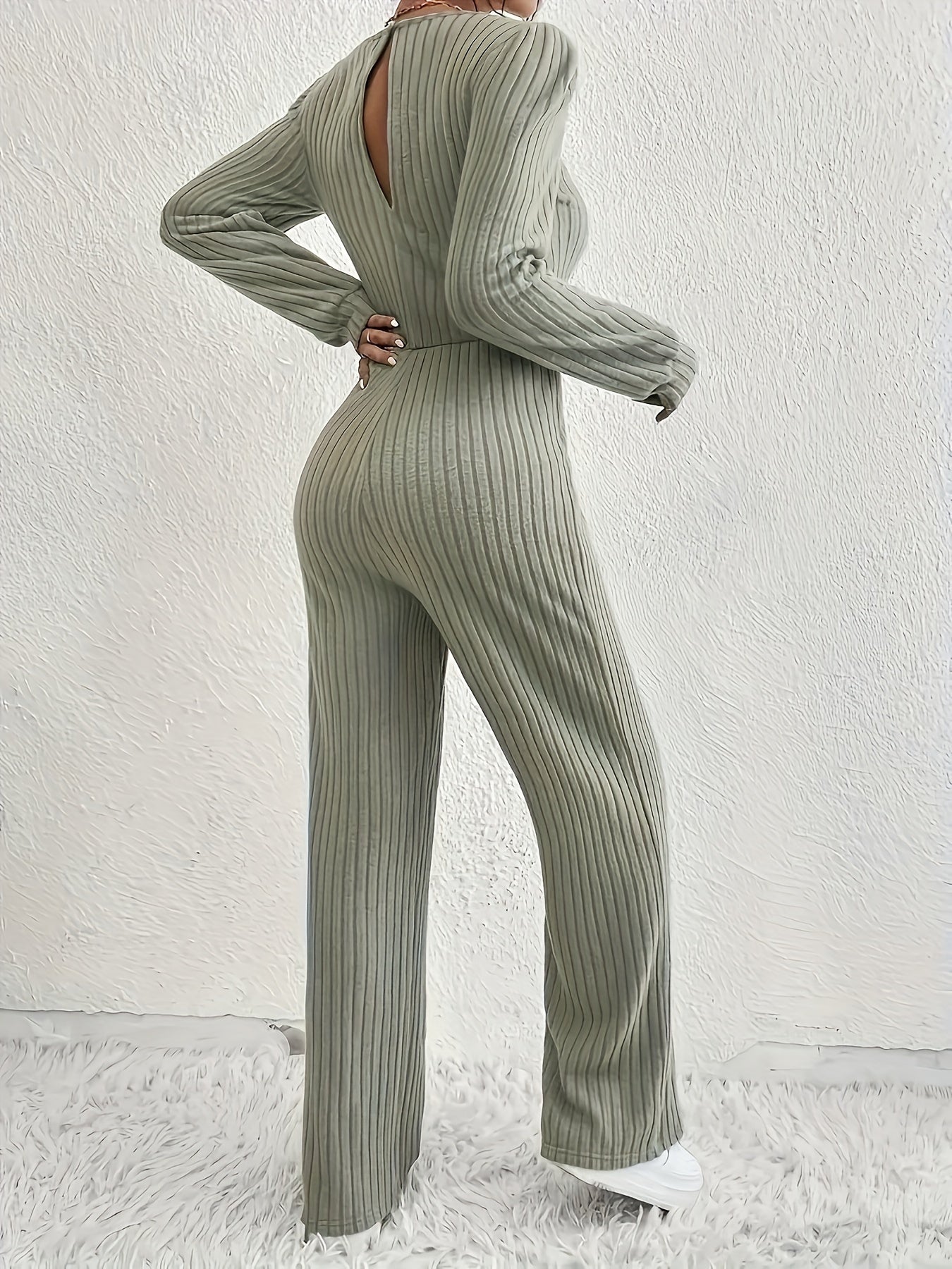 Women's Long Sleeve Solid Color Ribbed Jumpsuit, Casual Round Neck, Polyester, Straight Fit, No Belt, Regular Sleeves, Long Length, Knitted Fabric, Adult Casual Wear