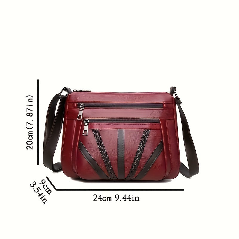 Women's Faux Leather Crossbody Bag, Striped Pattern, Mixed Color, Large Capacity, Trendy Shoulder Sling, Zipper Closure, Polyester Lining, Oil-Edged, Hand Wash or Dry Clean