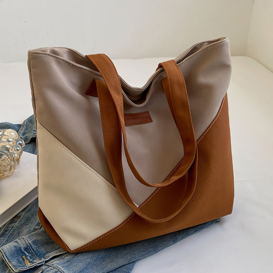 Vintage Colorblock Tote Bag, Large Capacity Shoulder Bag, Women's Casual Handbag For Commute Work