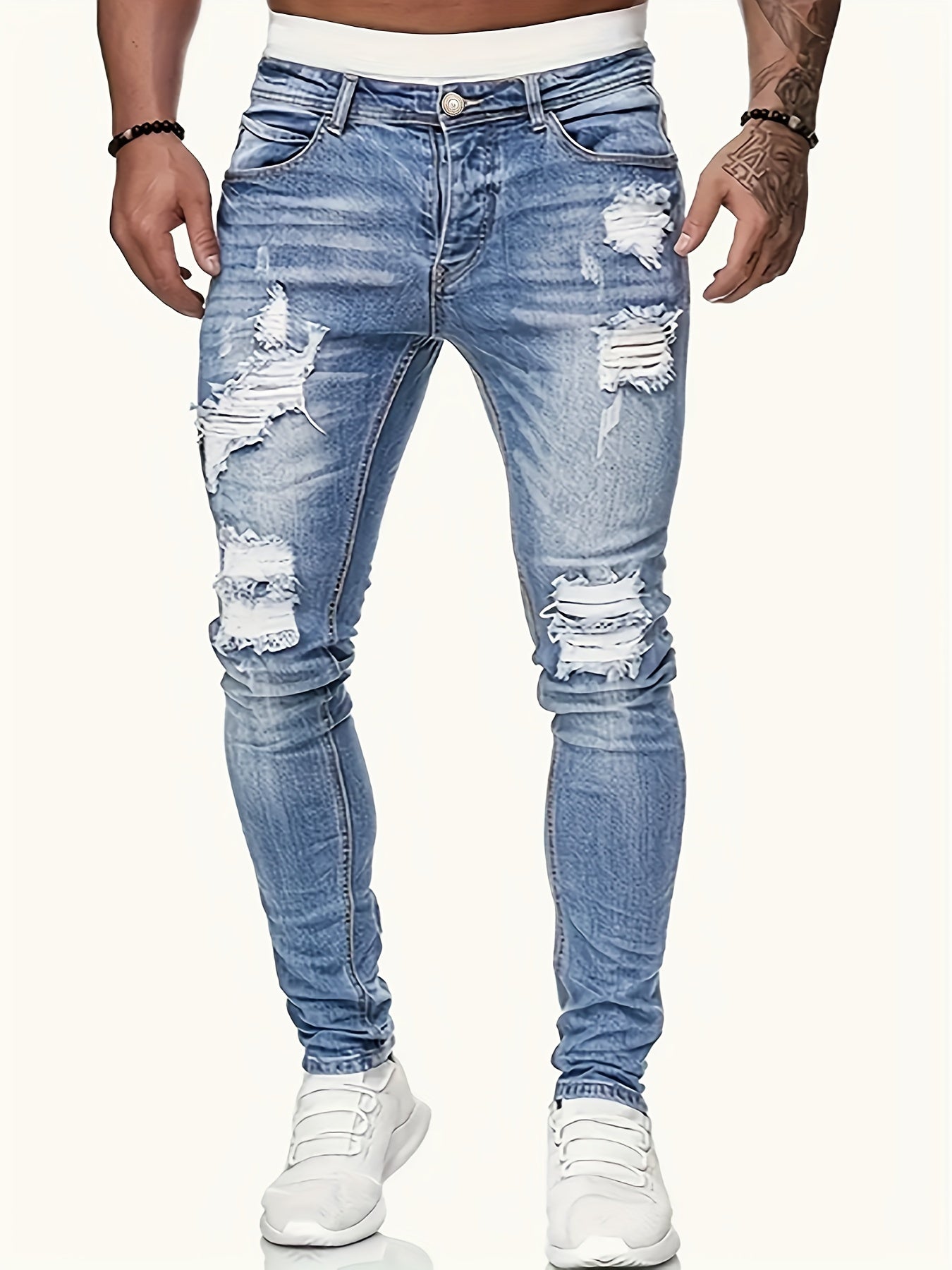 Men'S Ripped Denim Jeans - Casual Slim Fit with Medium Stretch, Woven Cotton Blend, All-Season Regular Length with Washed Details