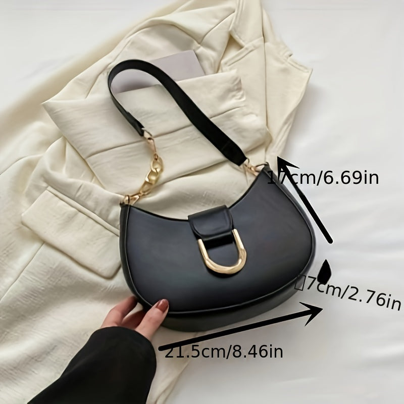 1pc Elegant Women's Black Crescent Shoulder Bag - Stylish Solid Color, Faux Leather with Safety Buckle Closure, Fixed Strap, Lined Interior, for Various Occasions / Fashionable Ladies