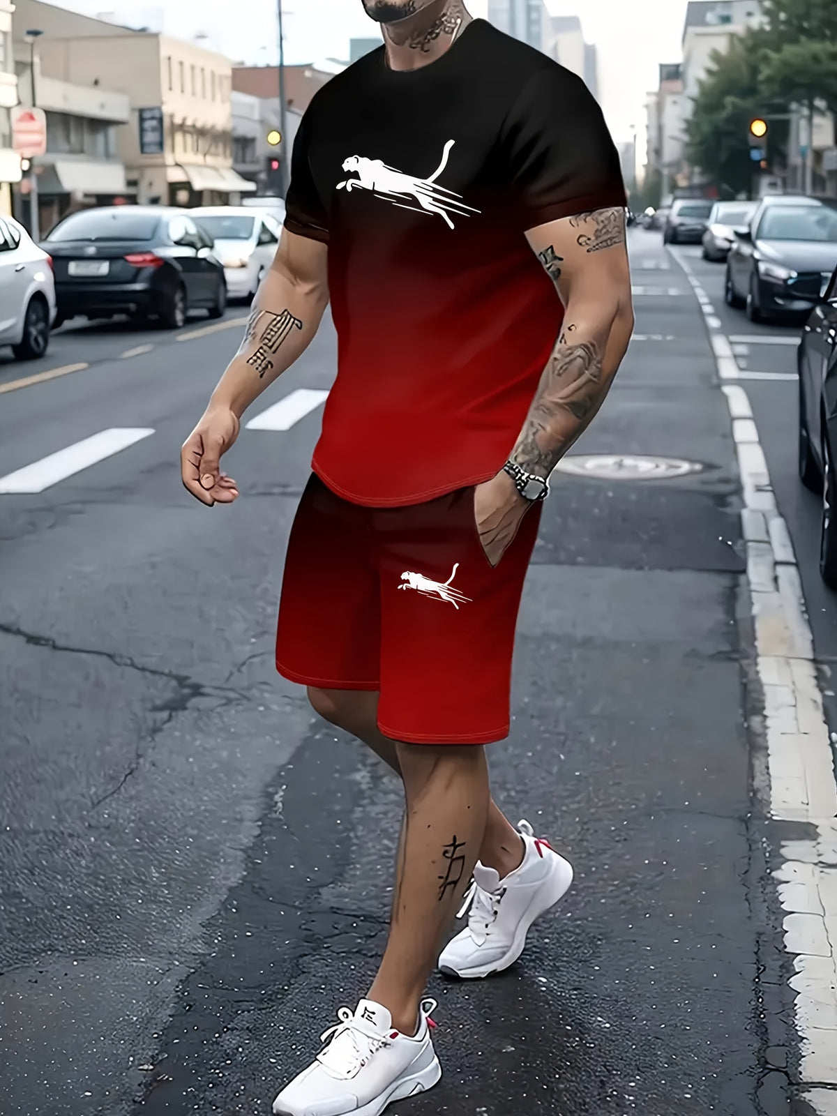 2-piece Men's Gradient Summer Outfit Set, Men's Short Sleeve Crew Neck T-shirt & Elastic Waist Shorts With Pockets