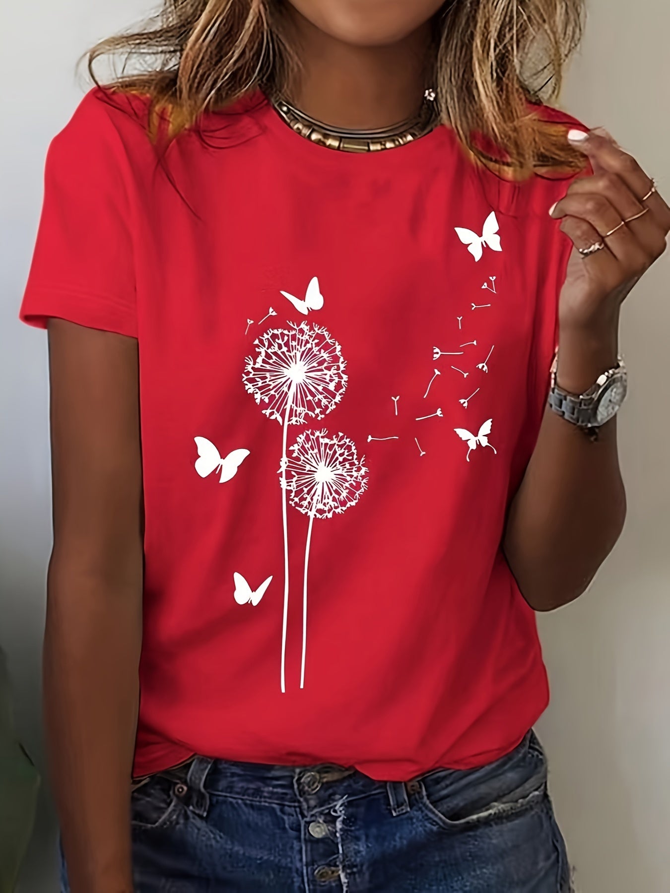 Dandelion Print Crew Neck T-shirt, Casual Short Sleeve Top For Spring & Summer, Women's Clothing