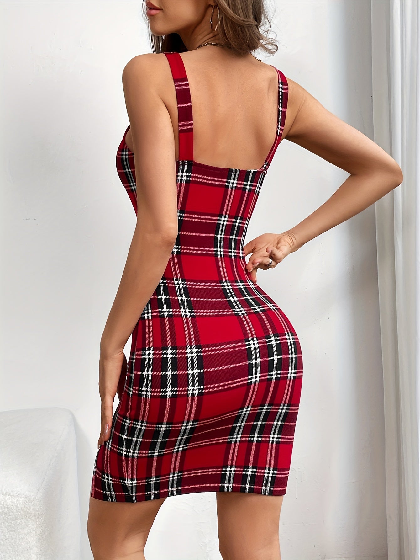 Plaid Print Split Hem Tank Dress, Vintage Sleeveless Dress For Spring & Summer, Women's Clothing