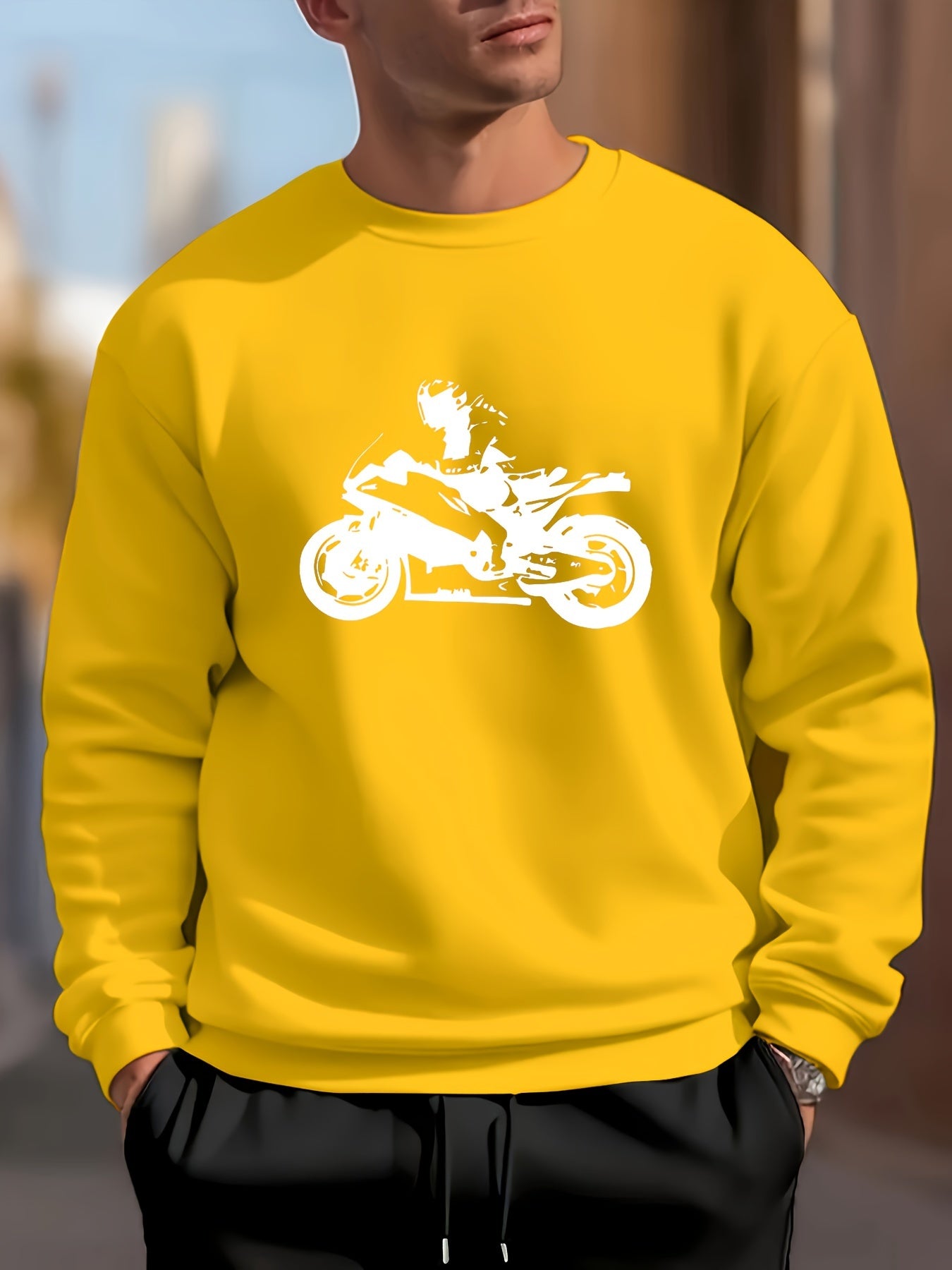 Fashion Rider Silhouette Graphic Print, Men's Fashion Comfy Crew Neck Pullover Sweatshirt For Daily And Outdoor Wear