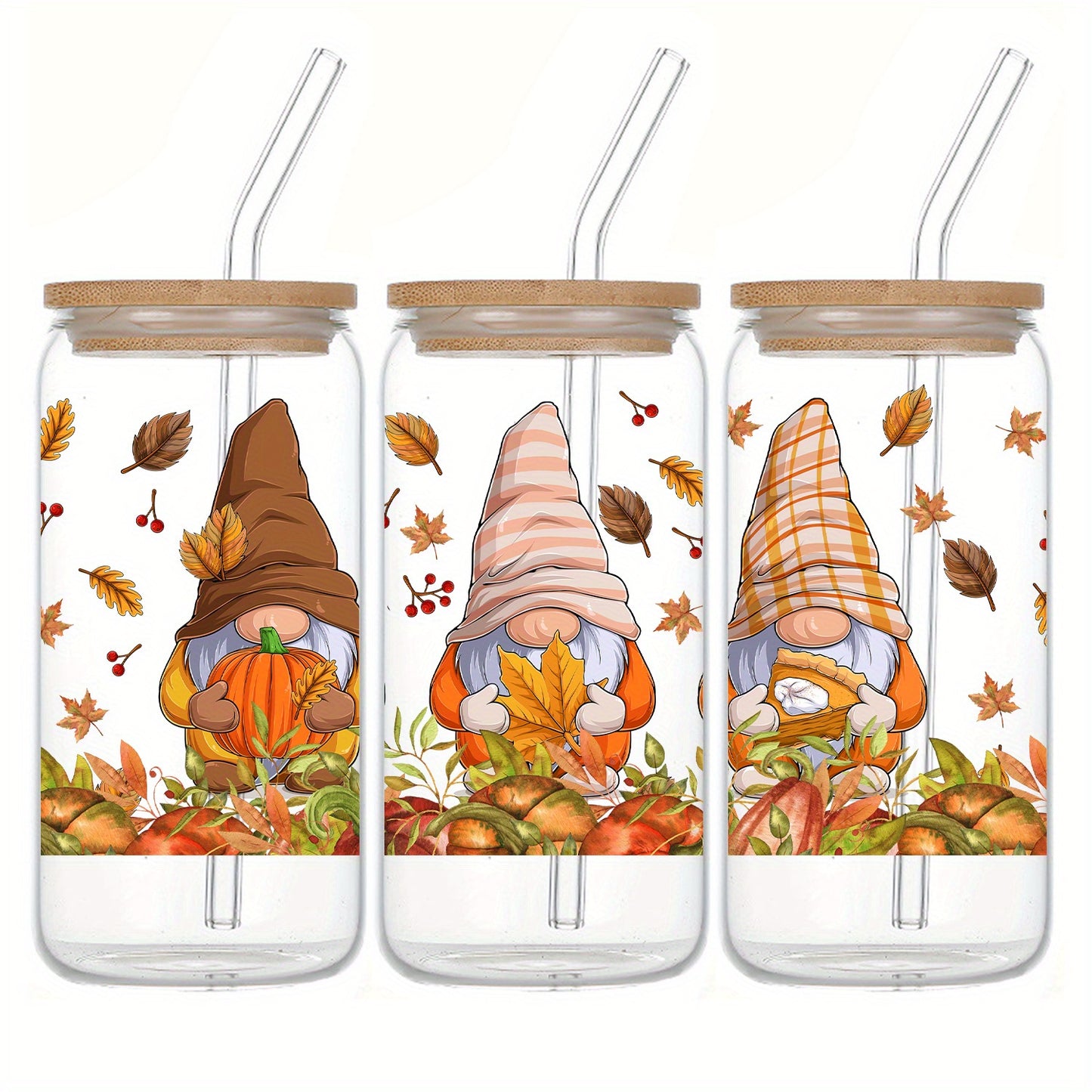 Thanksgiving 16oz Glass Tumbler with Lid & Straw - Gnome, Pumpkin & Maple Leaf Design | Perfect for Fall Beverages & Holiday Gifts