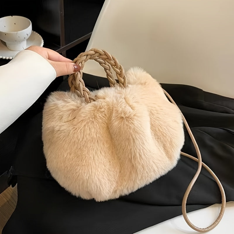 Chic Plush Mini Handbag for Women - Faux Fur, Zip Closure, Perfect for Fall/Winter Shopping & Outings - Available in Bright Pink, Light Grey, White, Black