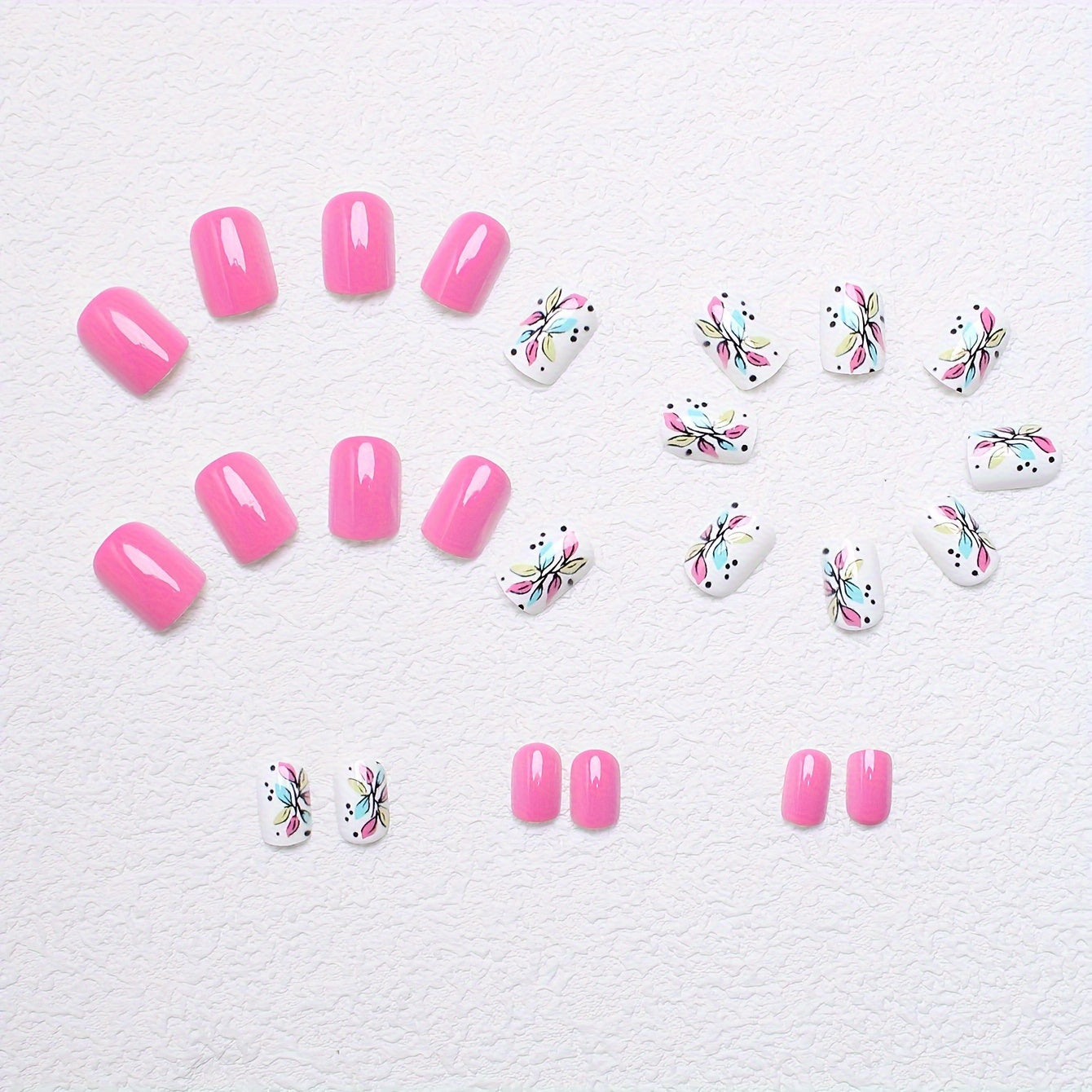 24 Pcs Square Short Press-On Nails with Glossy Finish - Mixed Color Floral Leaf Pattern in Pink Design, Perfect for Everyday Wear with Jelly Adhesive & Nail File Included