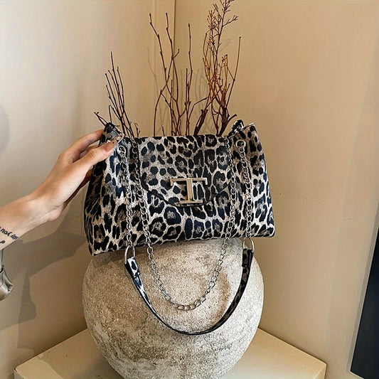 Women'S Faux Leather Leopard Print Underarm Bag, Versatile Fashion Shoulder Purse for Outings and Dates, Black and Beige, Magnetic Closure, Polyester Lining