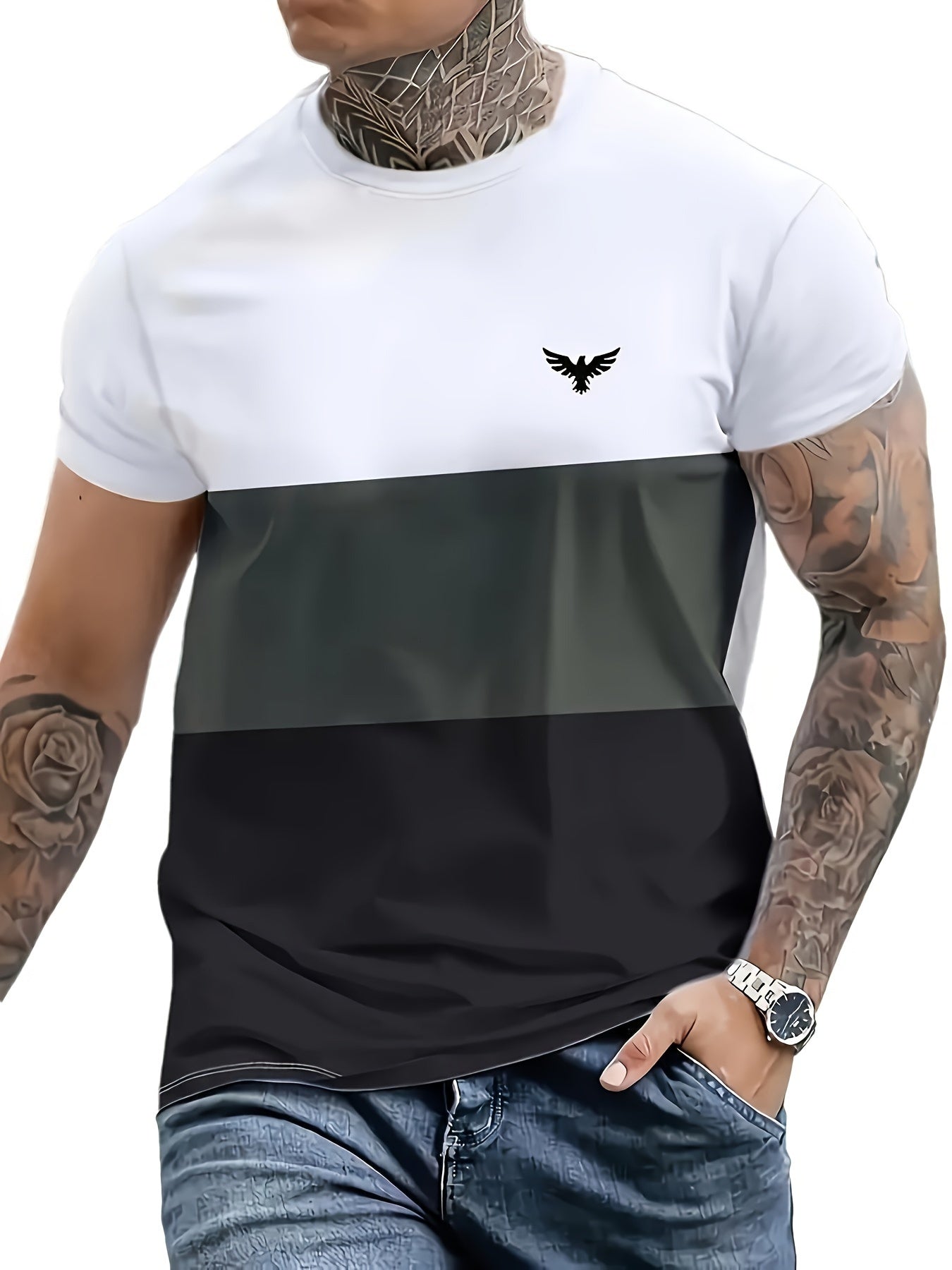 Men's Summer Fashion, Eagle Graphic And Color Block Stripe Print Crew Neck And Short Sleeve T-shirt, Leisure Tops For Daily, Casual And Holiday Wear