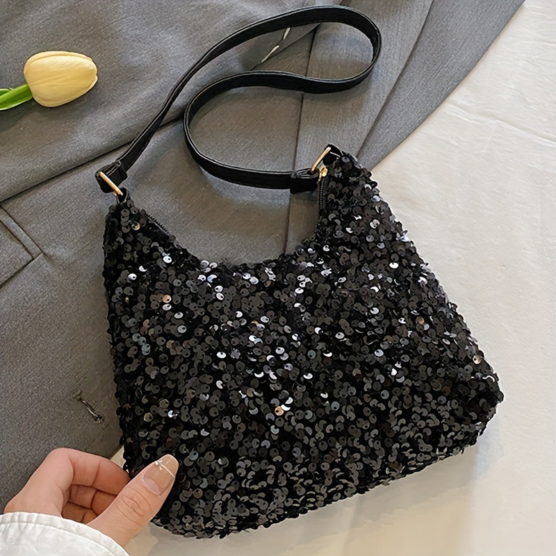 Women's Sequin Shoulder Bag, Casual Style, Black Nylon, No Wash, Solid Color, Adjustable Strap, Zipper Closure, Polyester Lining, Lightweight, Fashionable Korean Trend, Versatile Handbag for Ladies