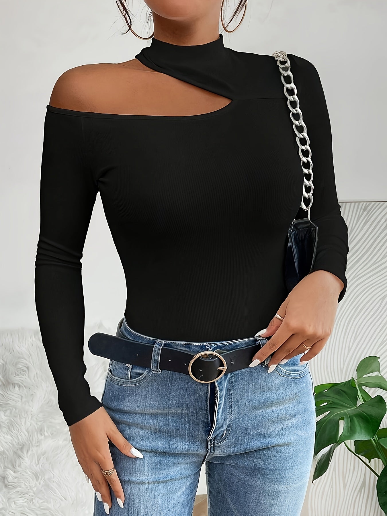 Elegant Asymmetrical Long Sleeve T-Shirt Top for Women - Black, Polyester Blend, Small Stand-Up Collar, Long Sleeves, Regular Length, Knit Fabric, Perfect for Fall/Winter Seasons