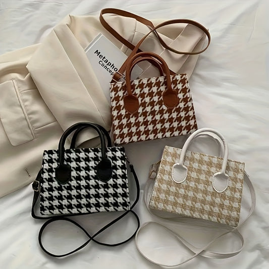 Women's Fashion Houndstooth Handbag, Autumn/Winter New Arrival, Faux Leather, Casual Shoulder Crossbody Bag, Black, Washable, No Oil Edges, Faux Leather Lining, City Theme, Zipper Closure, No Included Accessories