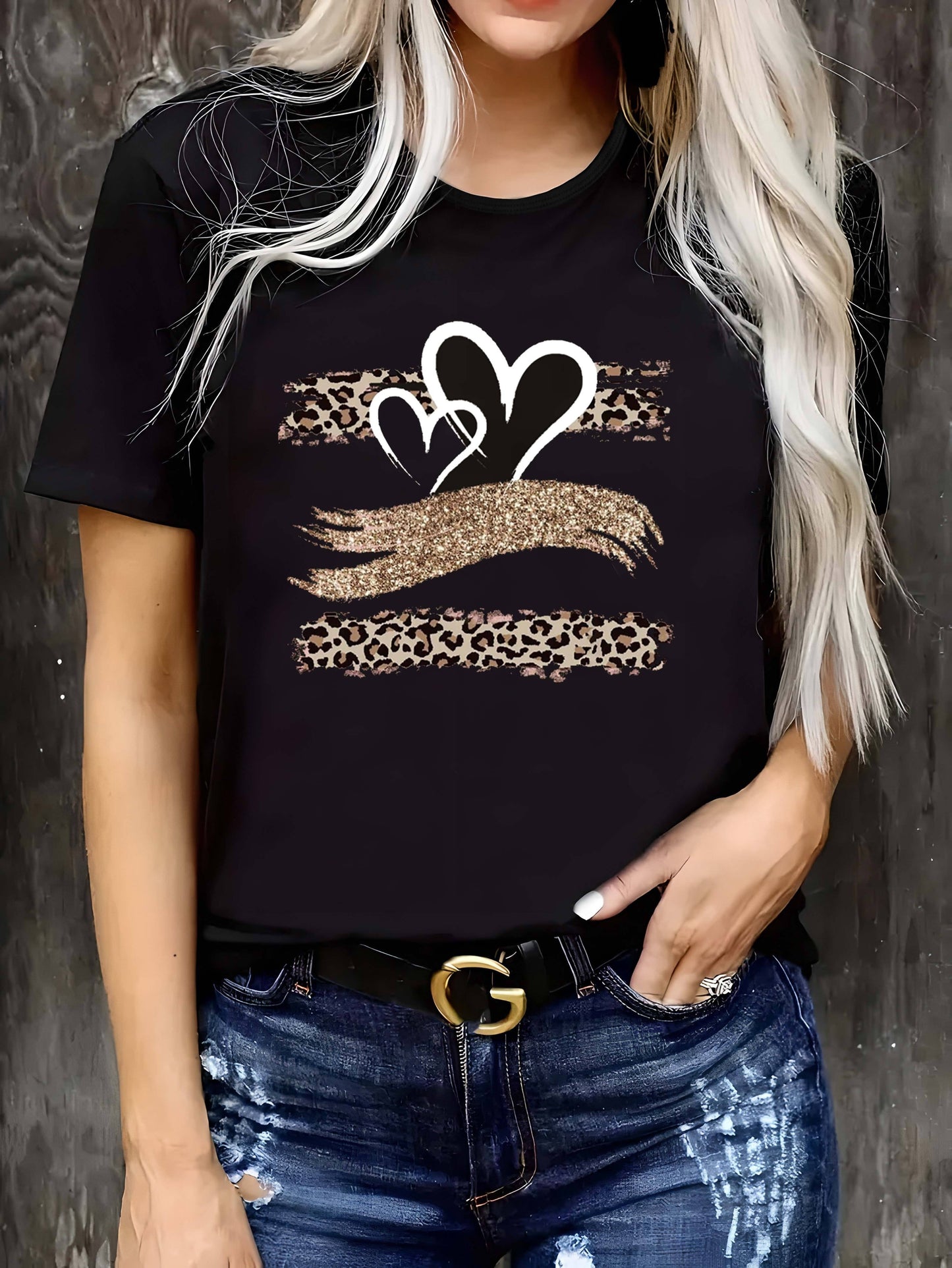 Heart Print Crew Neck T-Shirt, Casual Short Sleeve T-Shirt For Spring & Summer, Women's Clothing