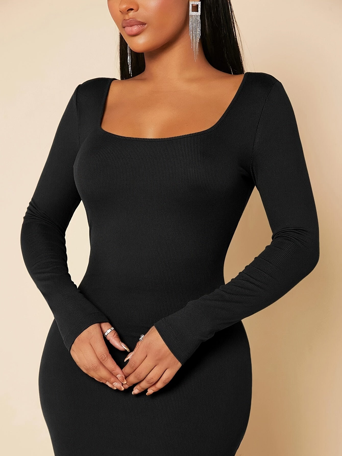 Solid Square Neck Dress, Elegant Long Sleeve Bodycon Dress, Women's Clothing