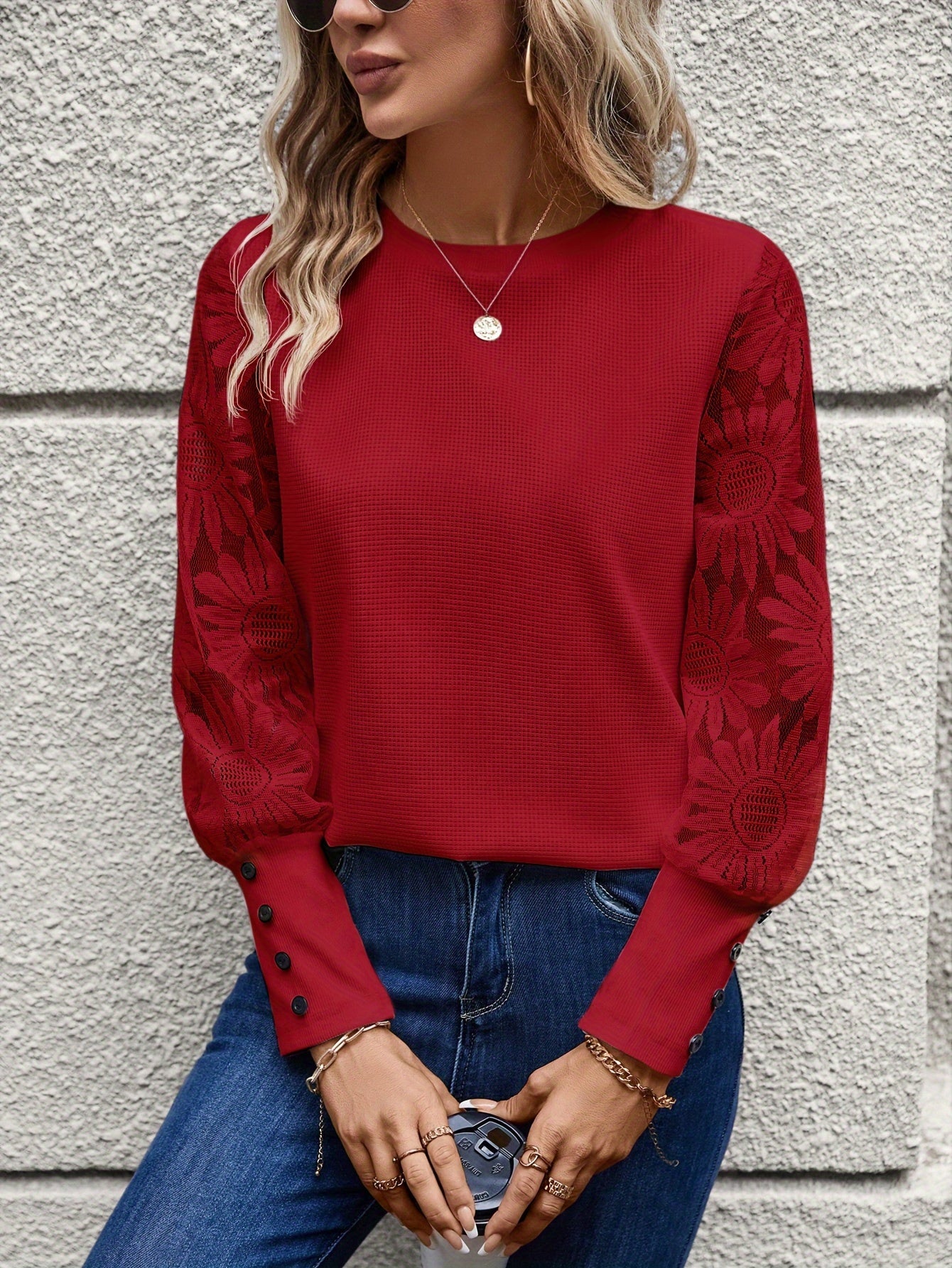 Floral Lace Crew Neck Top, Elegant Long Cuff Sleeve Textured Top For Spring & Fall, Women's Clothing