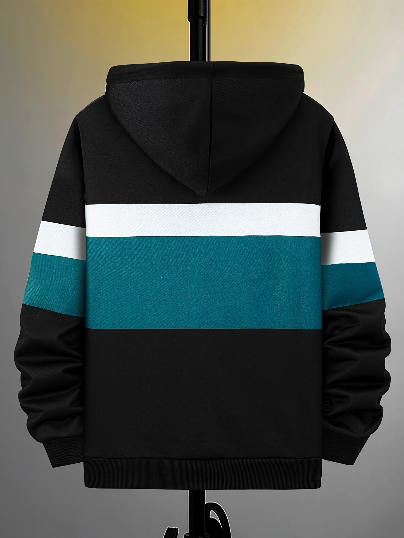 Men's Graphic Letter Print Color-Block Hoodie with Drawstring - Casual Polyester Spandex Blend Slim Fit Hooded Sweatshirt with Slight Stretch