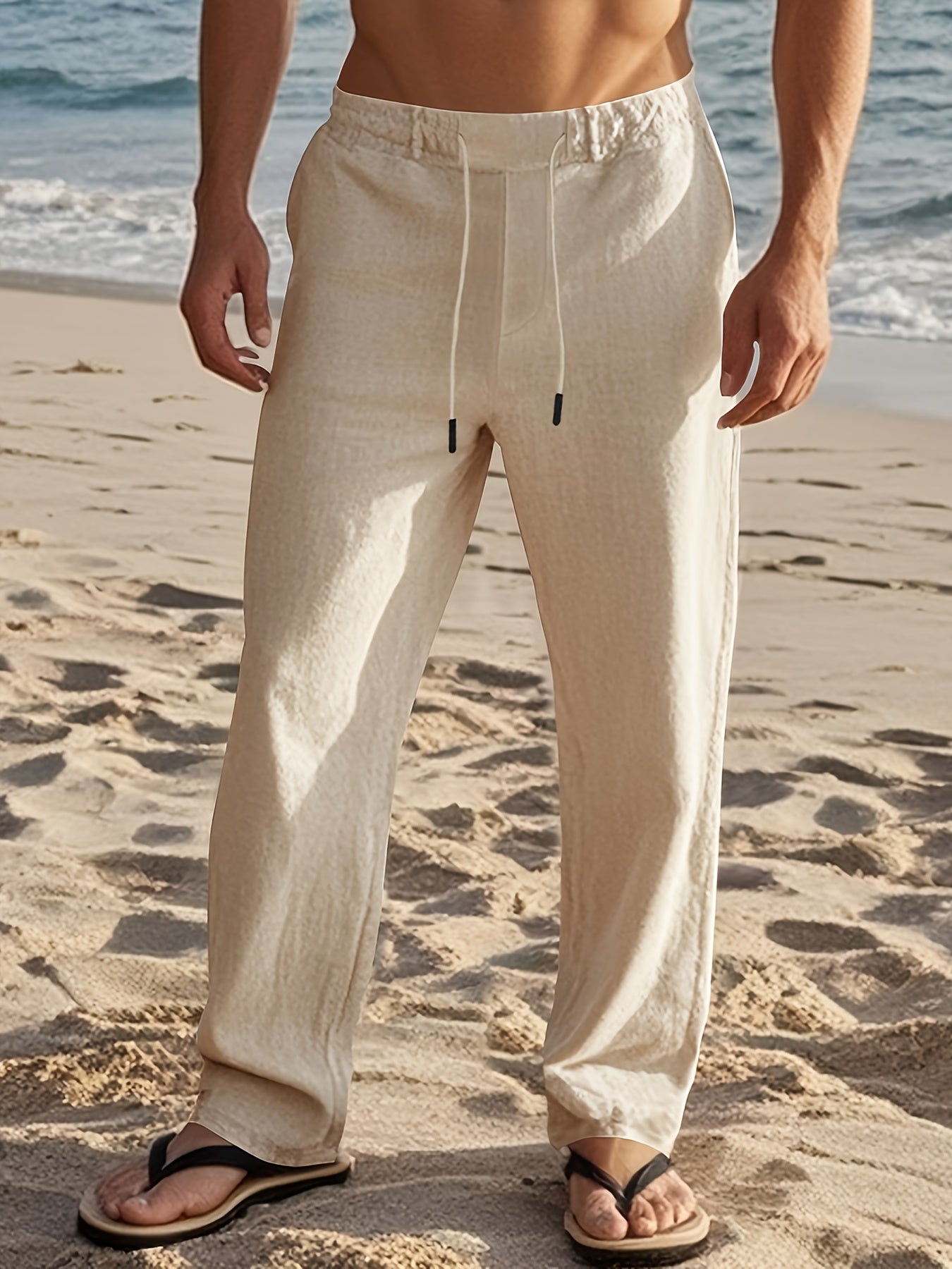 Pantaloni casual in lino con coulisse da uomo - Pantaloni a gamba dritta traspiranti con flessibilità e coulisse regolabile, colore solido per la primavera/autunno, abbigliamento da spiaggia, streetwear e abbigliamento casual, pantaloni da spiaggia