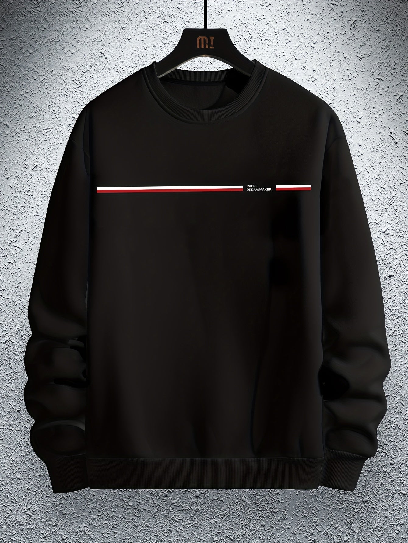 Men's Casual Crew Neck Sweatshirt with Paris Lettering - Polyester 100% Knit Fabric, Slight Stretch, Loose Fit, Solid with Horizontal Stripe Detail