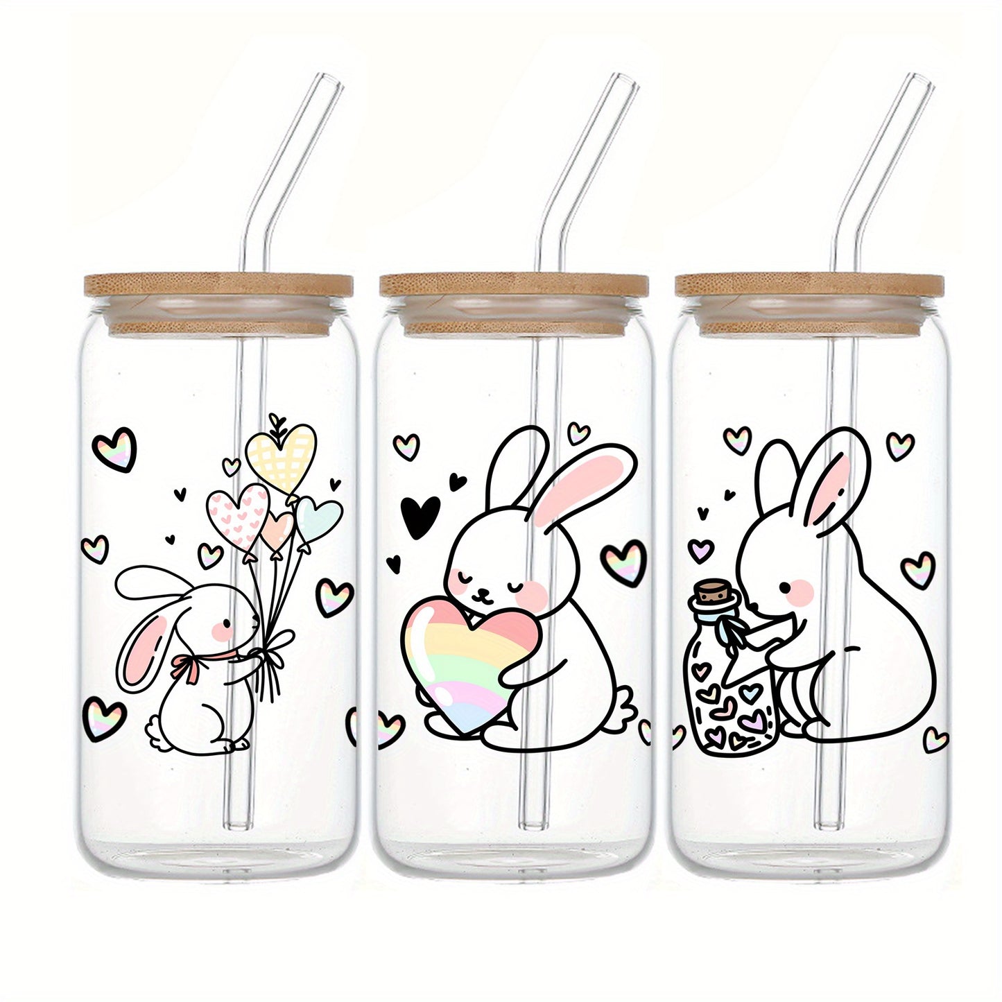 16oz Festive Glass Tumbler with Lid & Straw - Cute Bunny & Heart Design, Perfect for Iced Coffee, Soda, Beer - Ideal Holiday Gift for Christmas, Halloween, Easter, Thanksgiving