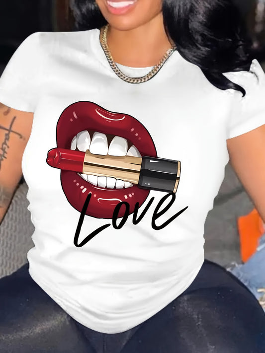 Lipstick & Lips Print Crew Neck T-Shirt, Casual Short Sleeve T-Shirt For Spring & Summer, Women's Clothing