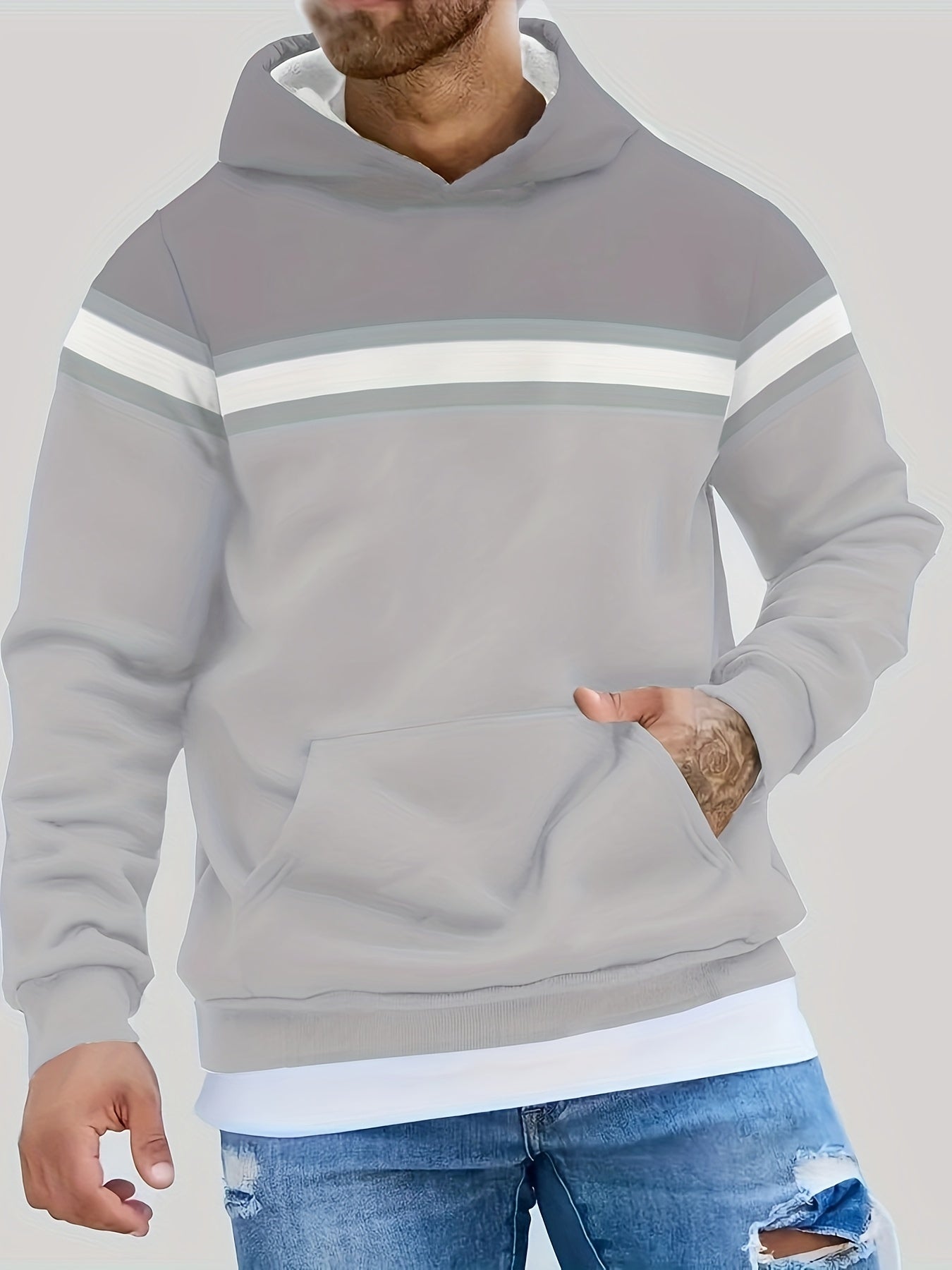Men's Casual Color Block Hoodie - 100% Polyester Knit Fabric with Slight Stretch, Hooded Collar, Front Pocket Detail, Regular Fit Pullover Style