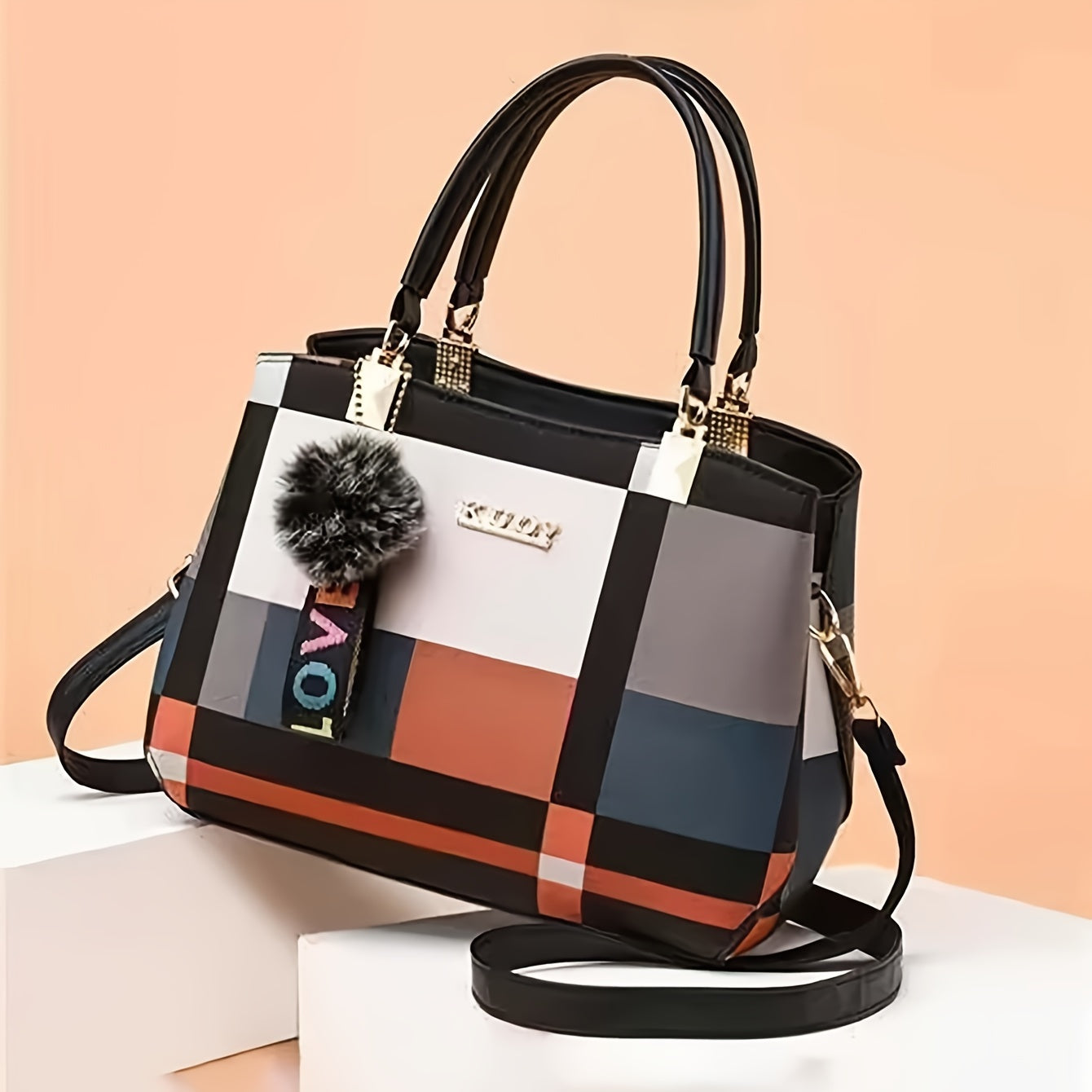 Elegant Grid Patterned Shoulder Bag With Magnetic Closure, Multiple Compartments, Perfect For Formal Occasions, Work, Or School