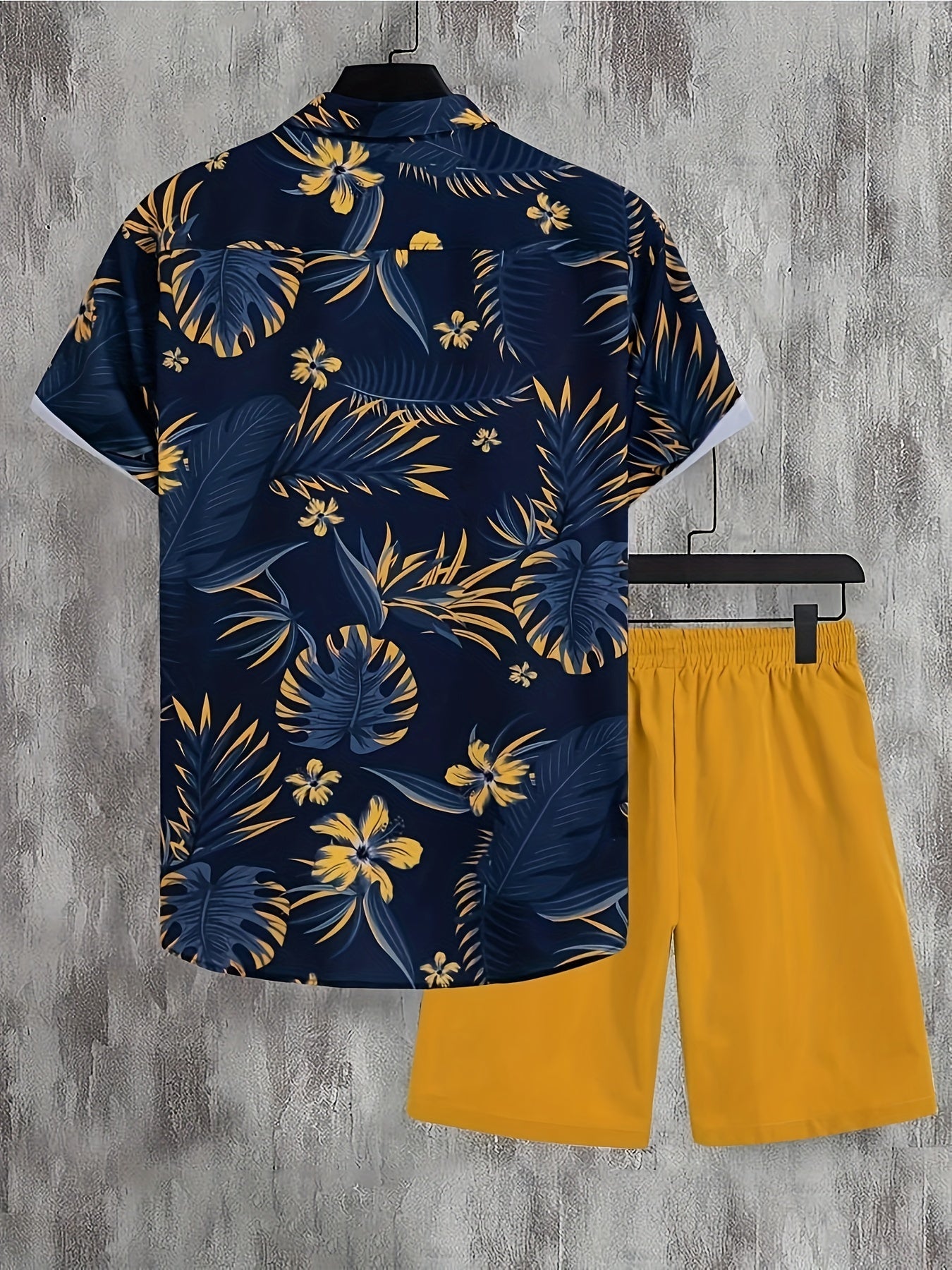 2-piece Men's Summer Outfit Set, Men's Short Sleeve Button Up Lapel Shirt & Solid Shorts With Pockets For Holiday Resort