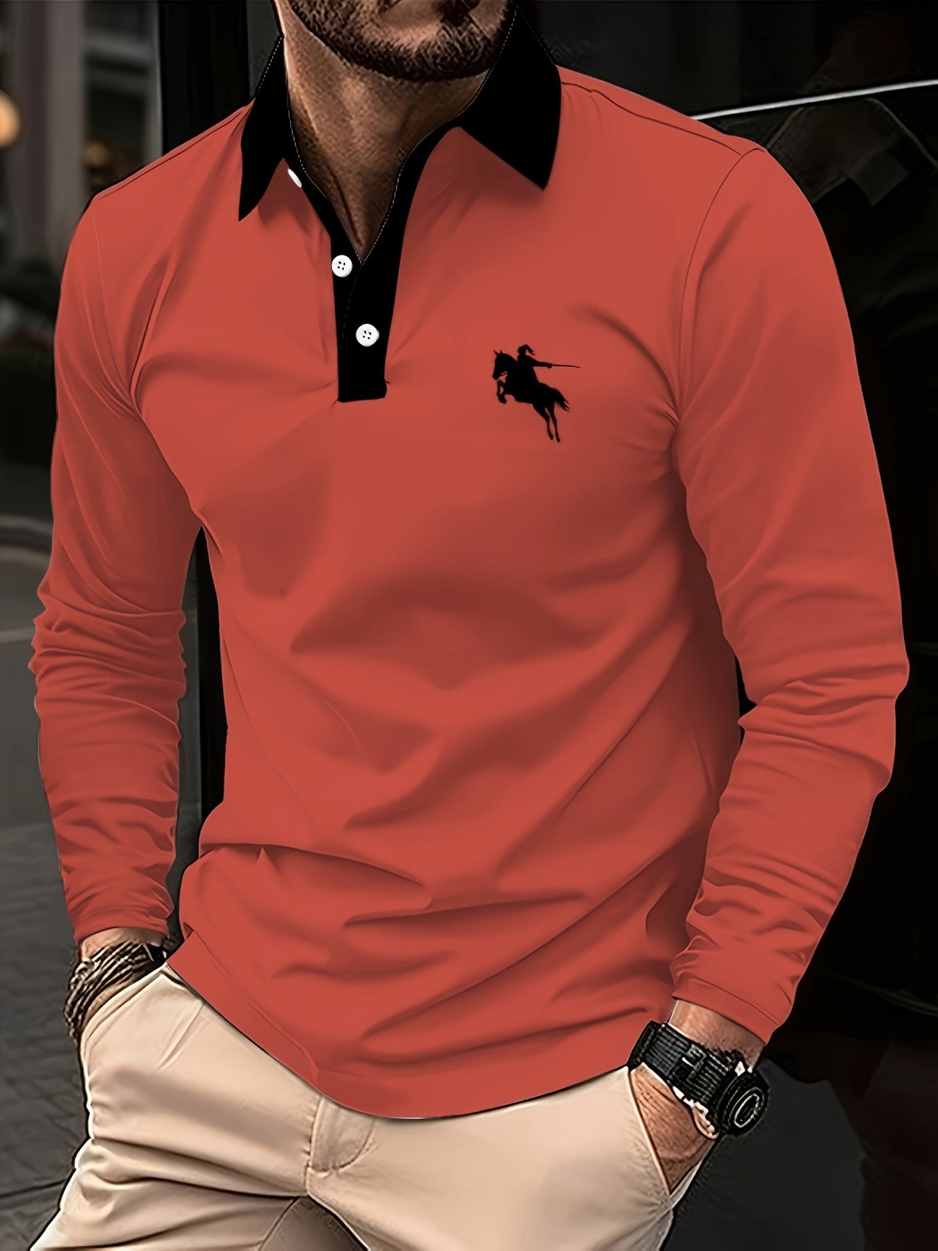 Men's Trendy Solid Color Shirt with Horse Print - Casual Long Sleeve, Button-Up Collar for Golf & Spring/Fall