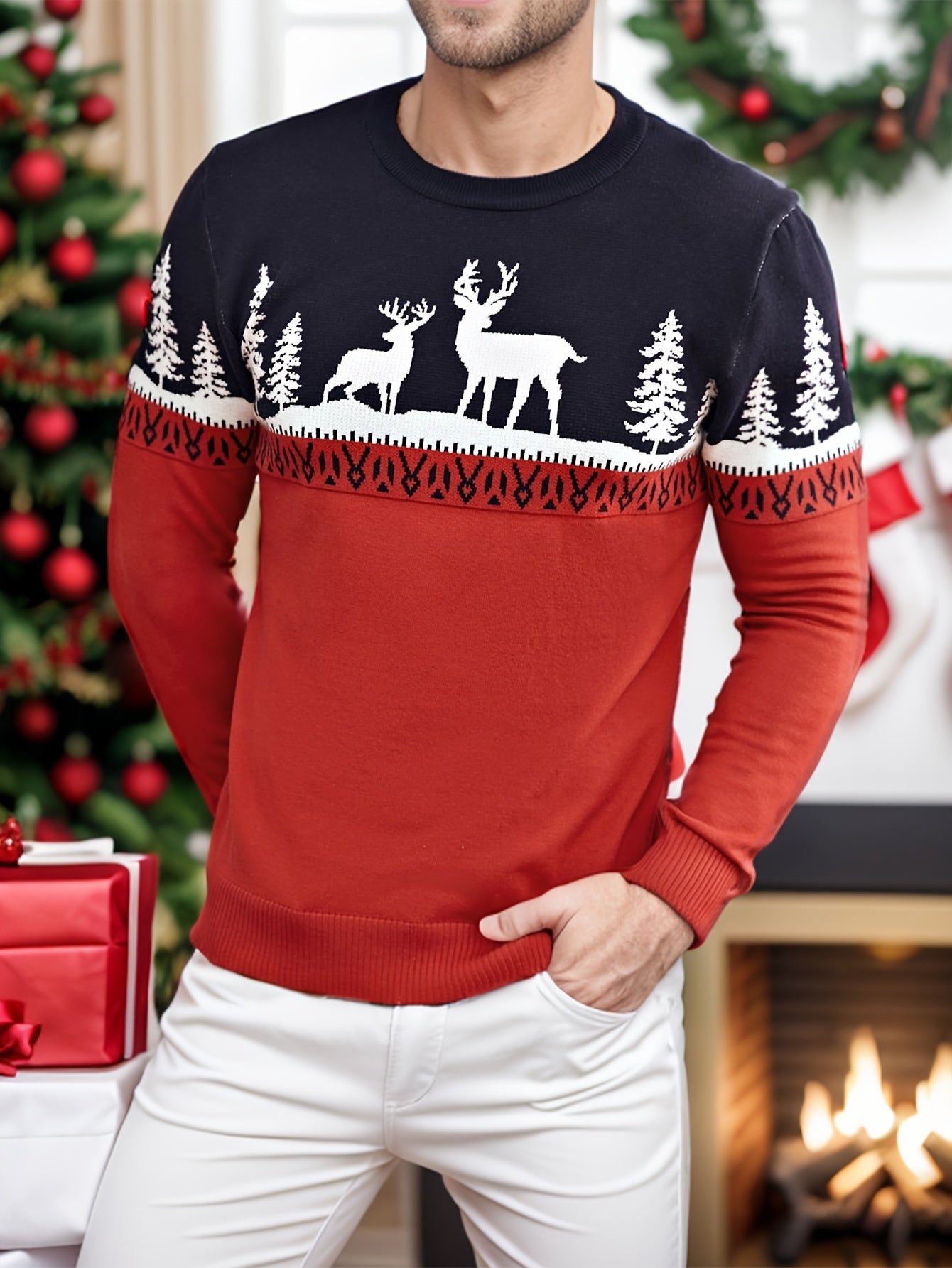 Men's Festive Christmas Reindeer Crew Neck Sweater - Cozy Polyester, Perfect for Holiday Parties & Gifts