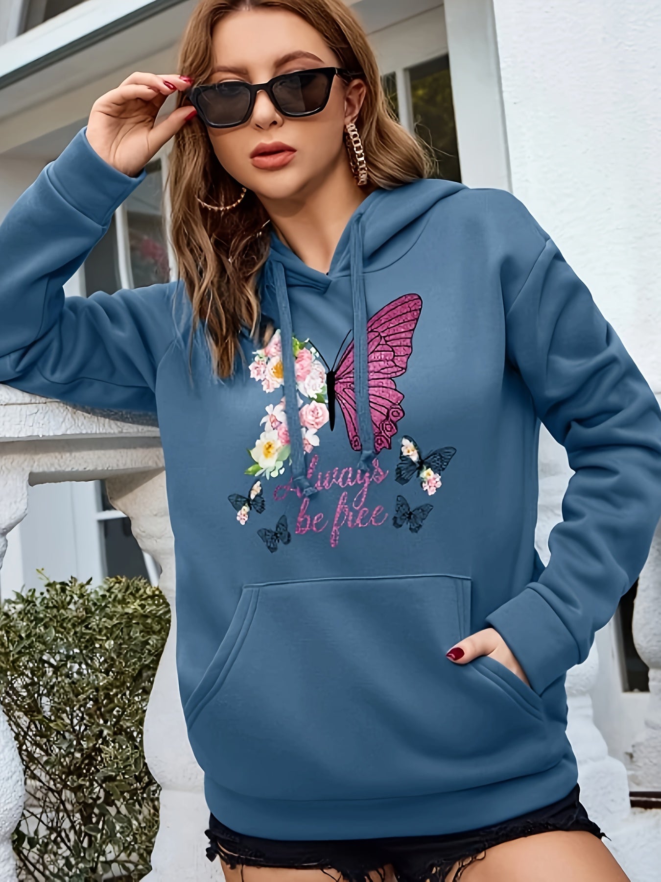 Butterfly & Floral Print Drawstring Hoodie, Casual Long Sleeve Kangaroo Pocket Sweatshirt, Women's Clothing