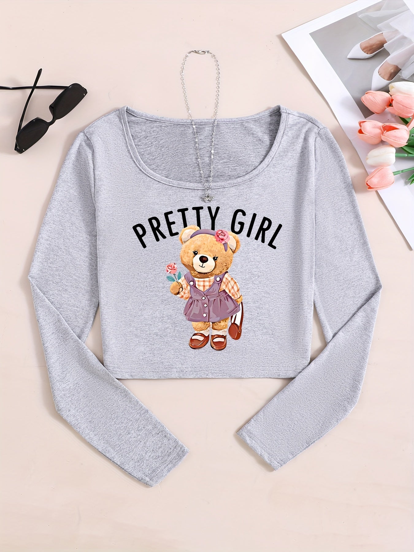 Women'S Short Sleeve T-Shirt with Cute Cartoon Bear Pattern, Casual Polyester Knit Fabric, Spring/Fall Fashion Top with Round Neckline