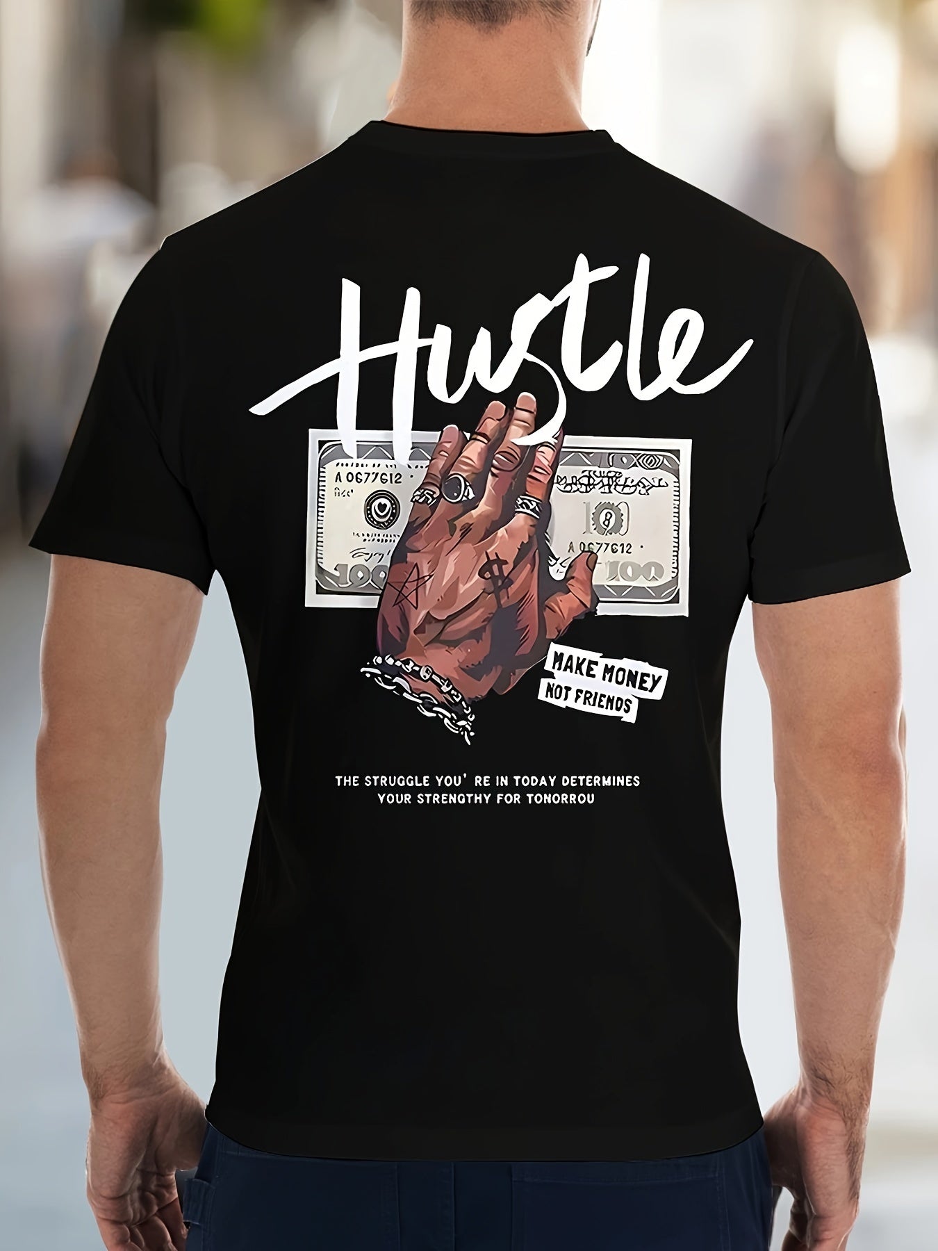 Men's 'HUSTLE' & Money Print Short Sleeve Crew Neck T-shirt, Casual Stylish Tee As Gift