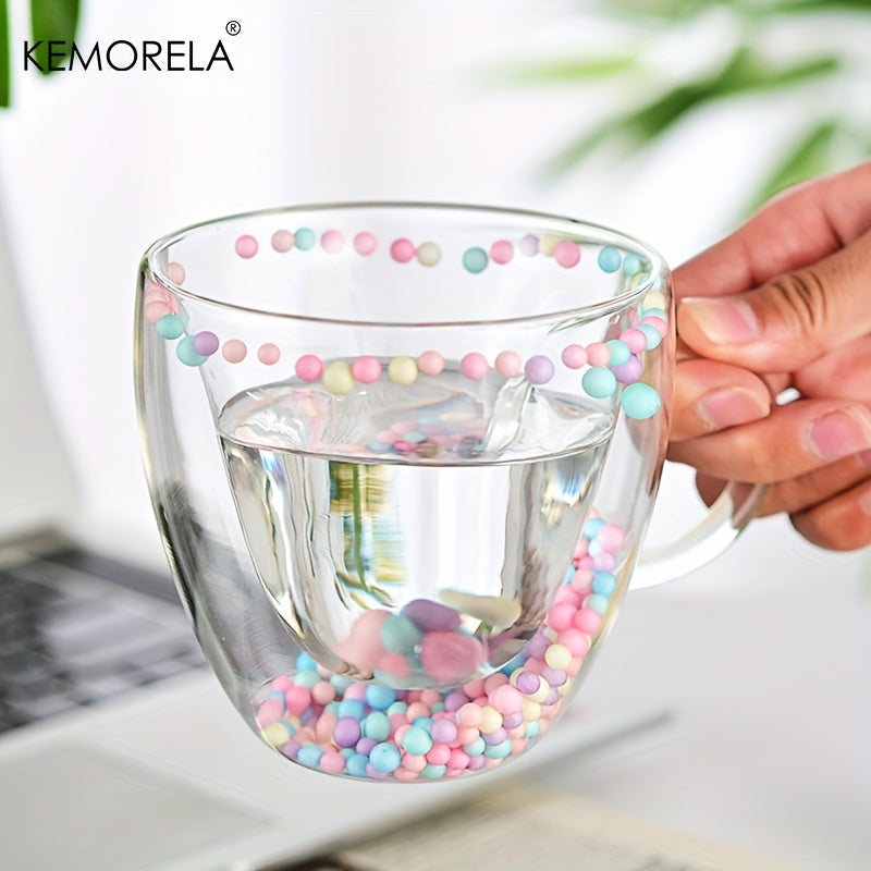 KEMORELA Double-Walled Glass Coffee Mug with Love Beads - Reusable, Dishwasher Safe, Perfect for Espresso & Juice - Ideal Gift for Holidays