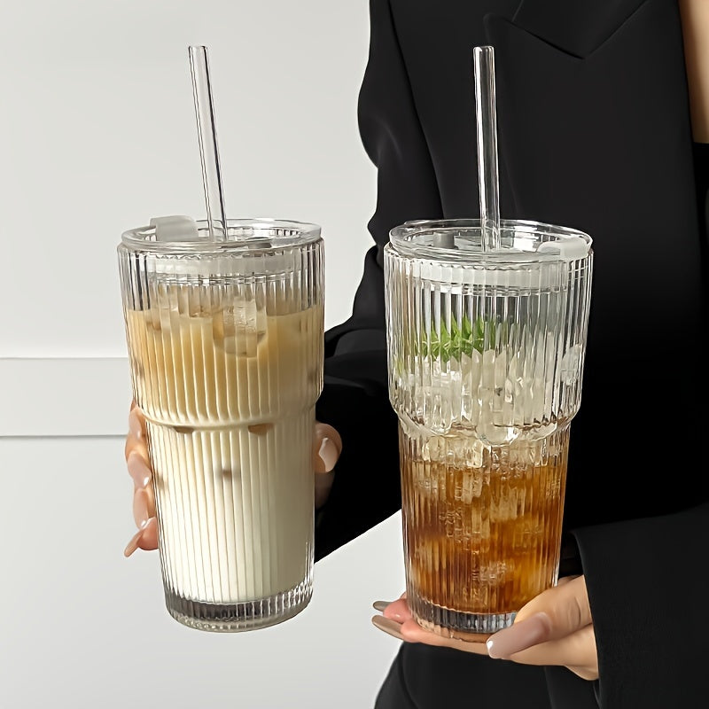 Striped Glass Tumbler Set with Lid & Straw - Large Capacity, Reusable for Cold Drinks, Juice & Coffee - Perfect for Home, Office & Parties