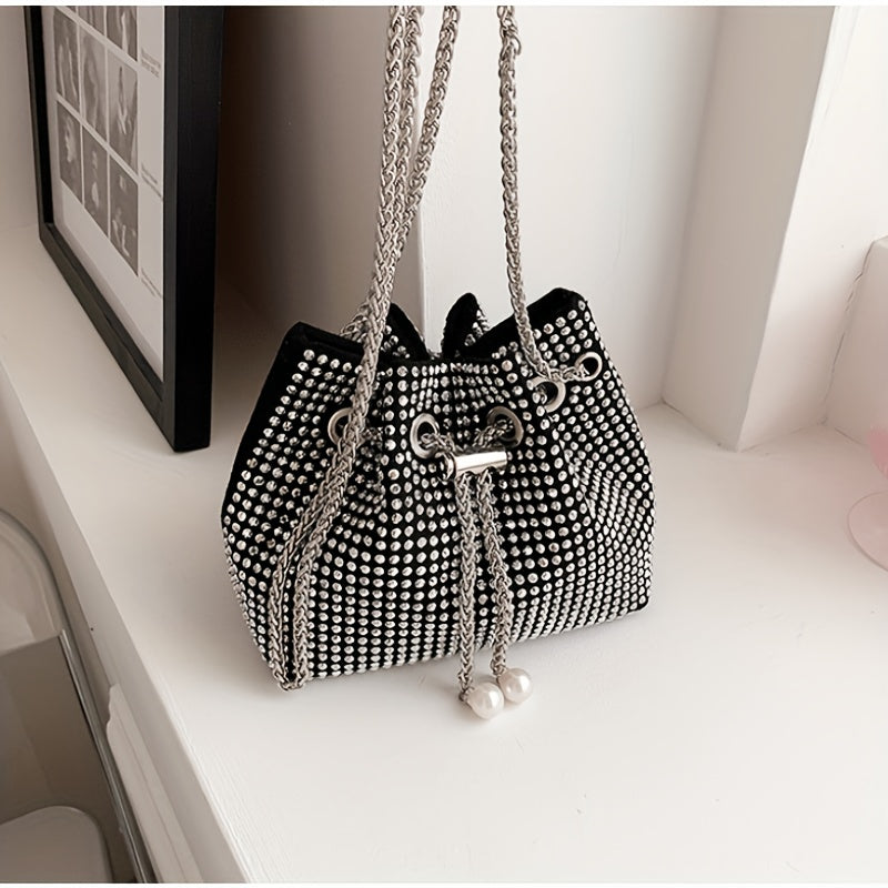 Chic Glitter Evening Clutch with Chain Strap - Drawstring Bucket Bag for Women, Perfect for Parties & Casual Outings, Available in Silvery/Black