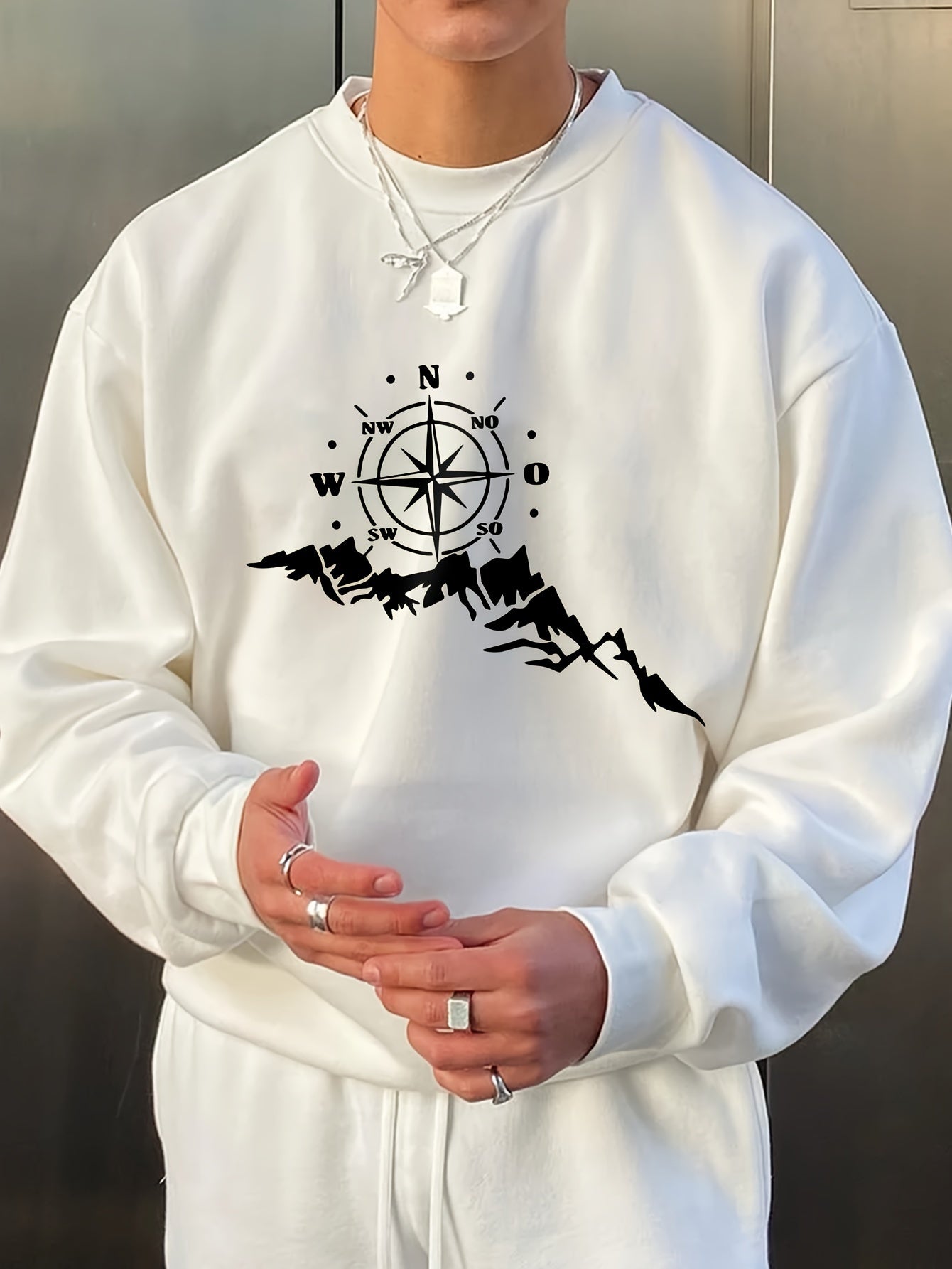 Men's Casual Compass Print Sweatshirt - Long Sleeve, Loose Fit, Round Neck Pullover for Sports & Casual Attire