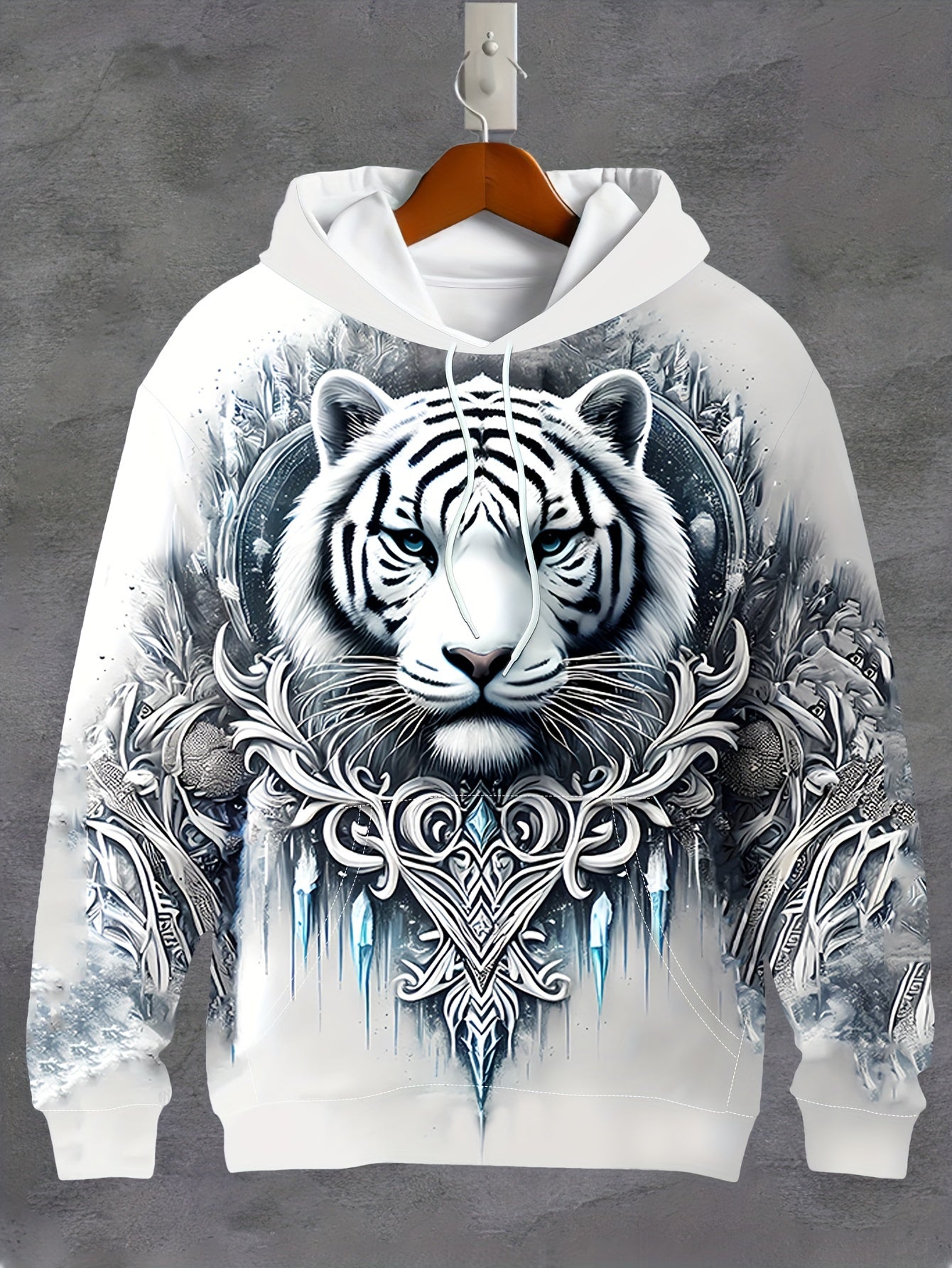 Men's 3D Digital White Tiger And Jacquard Print Hooded Sweatshirt With Kangaroo Pocket, Spring And Fall Sports Fashion Hoodie For Male