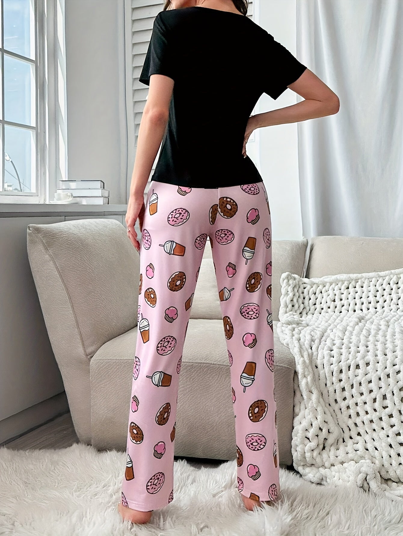 Coffee & Donut & Slogan Print Pajama Set, Casual Short Sleeve Round Neck Top & Elastic Pants, Women's Sleepwear