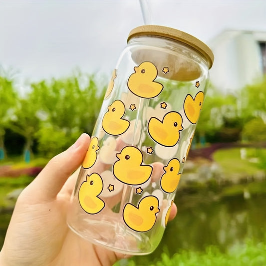 1pc Quackie Cartoon Duck Pattern Glass Water Bottle with Lid and Straw, 550ml/18.7oz Can-Shaped Tumbler for Iced Coffee, Tea, Juice, Milk, Ideal for Office, Reading, Dining, Christmas, Halloween, Easter, Hanukkah, Thanksgiving Gift