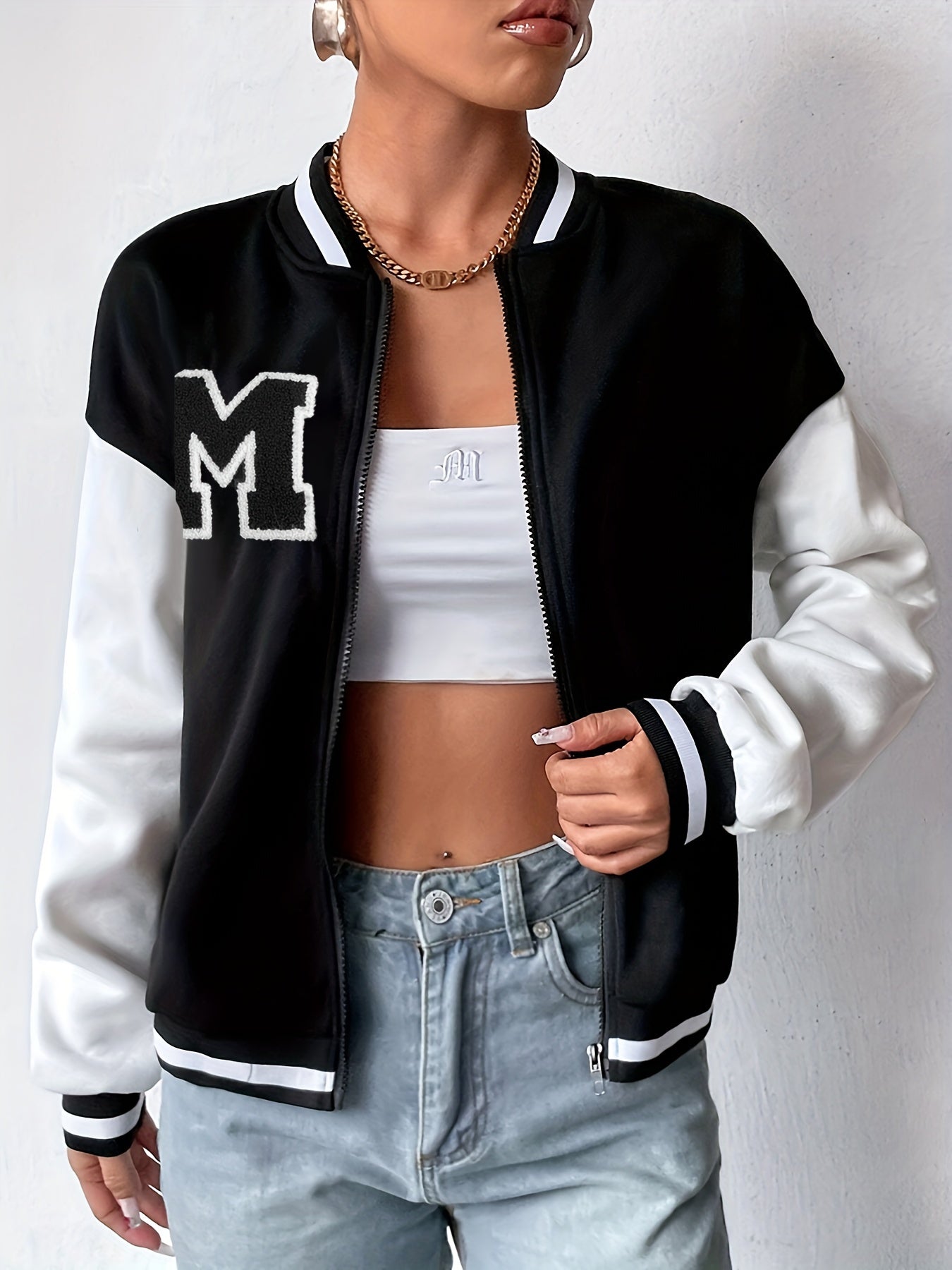 Contrast Trim Letter Pattern Jacket, Casual Zip Up Drop Shoulder Color Block Bomber Jacket, Women's Clothing