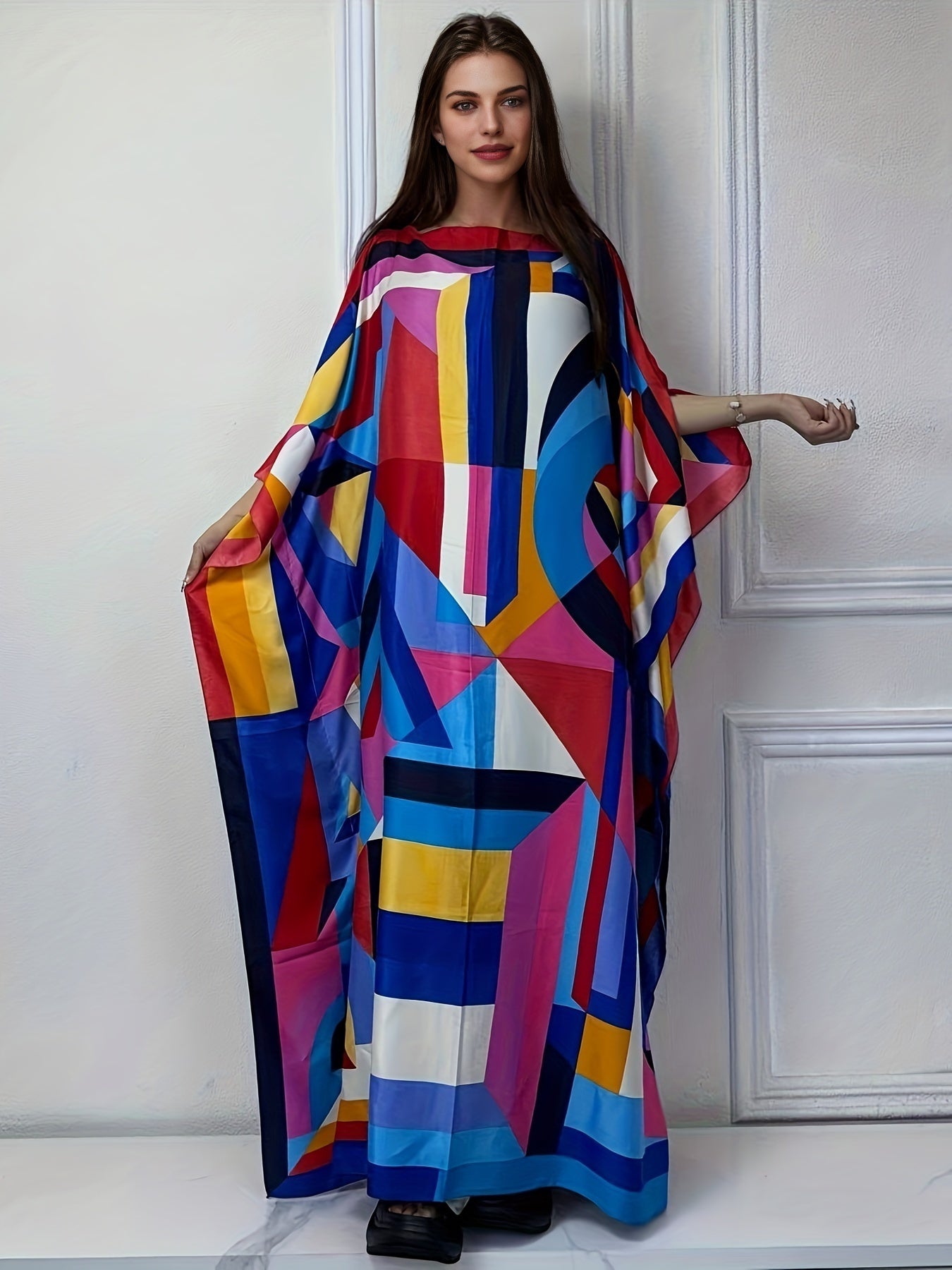 Ethnic Geometric Print Crew Neck Kaftan Dress, Elegant Batwing Sleeve Loose Fit Maxi Dress, Women's Clothing