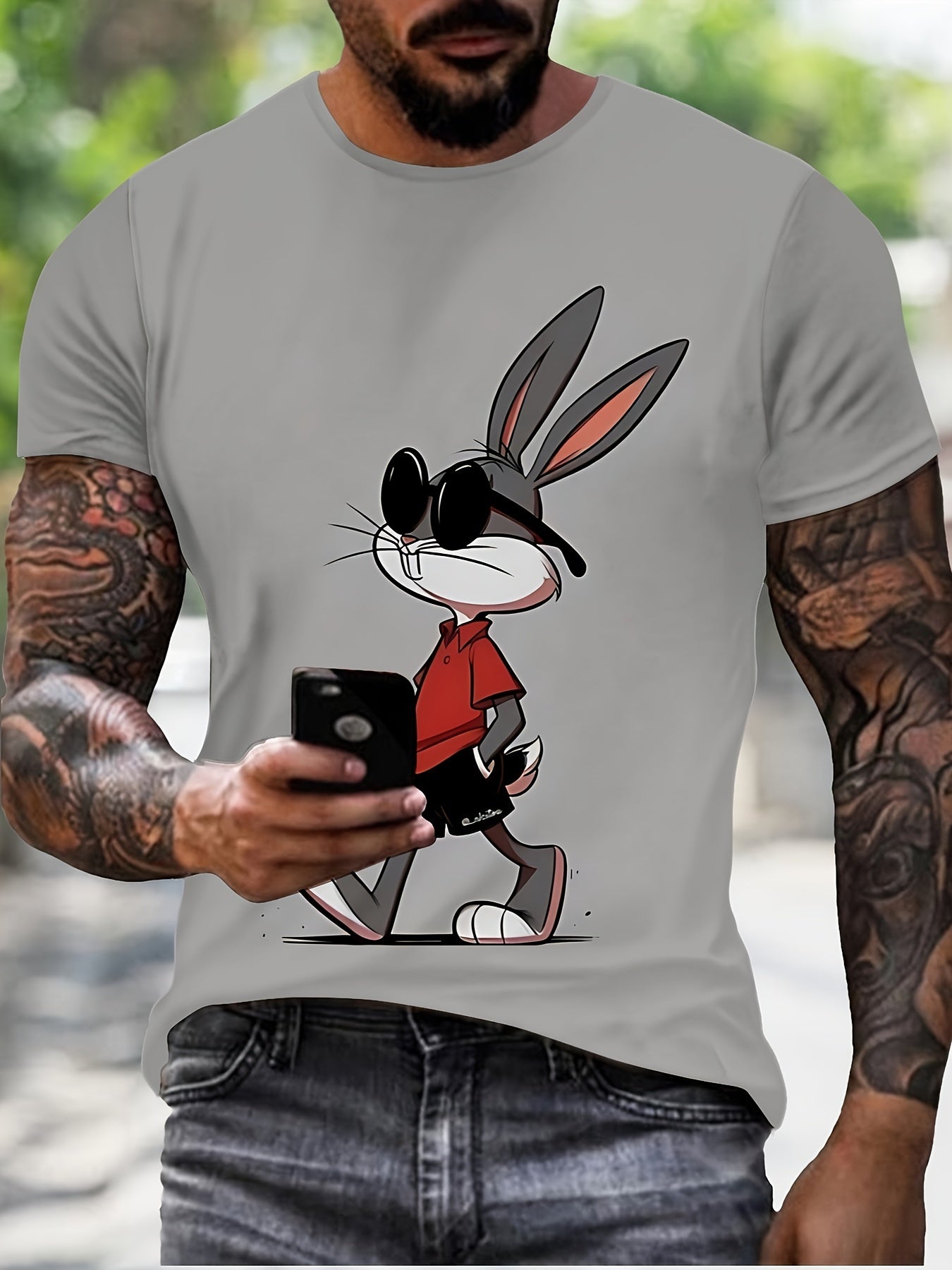 Men's Fashion 3D Rabbit Print T-Shirt, Summer Casual Comfort Tee, Short Sleeve Top for Daily Activities, Polyester, Round Neck, Stretch Fabric, Printed, Regular Fit, Knit Construction