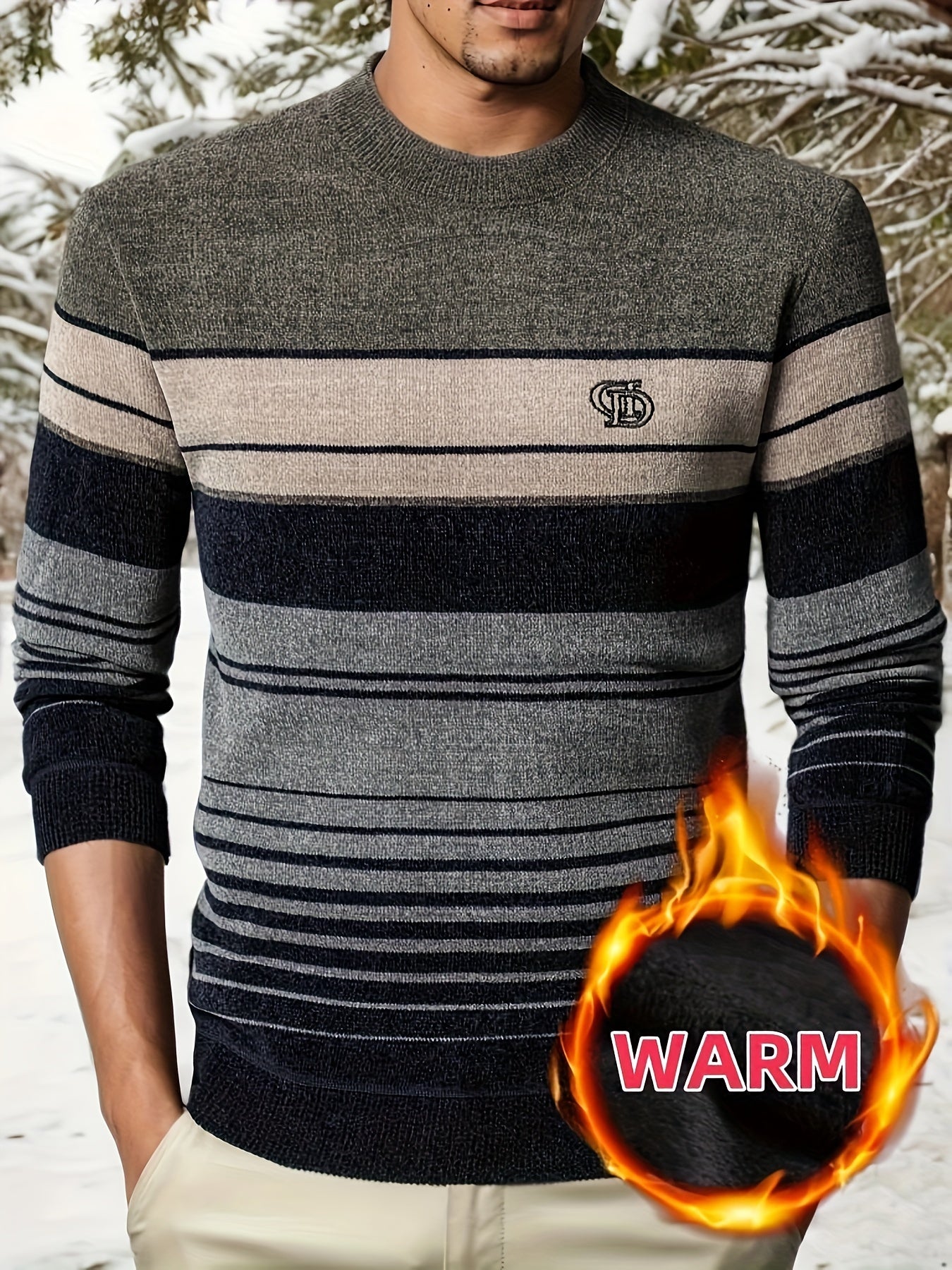 Men's Stylish Striped Sweater with Embroidered Lettering - Cozy Fleece-Lined, Color Block Design for Winter Warmth & Casual Outdoor Wear