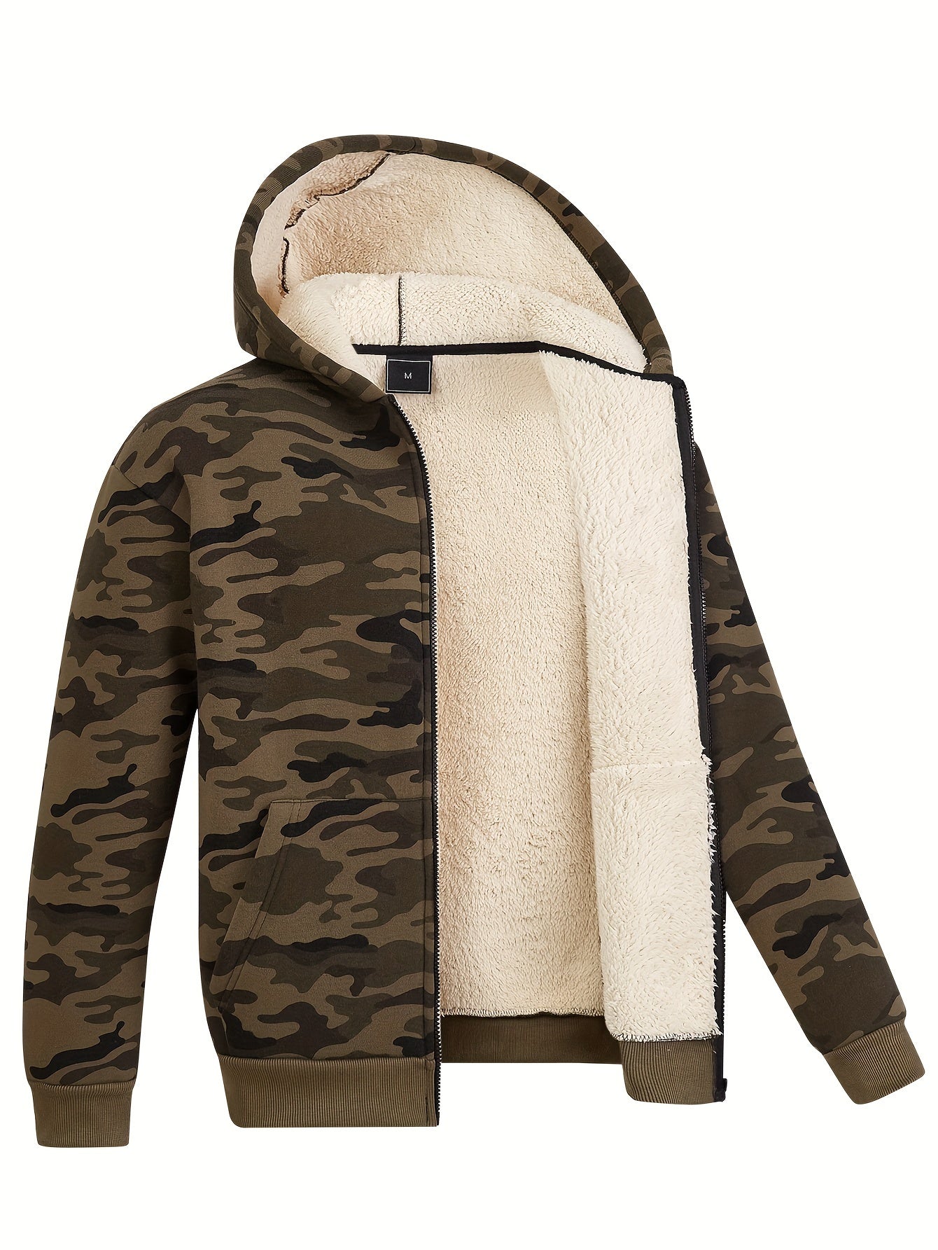 Warm Fleece Camo Hooded Winter Hooded Jacket, Men's Casual Stretch Zip Up Jacket Coat For Fall Winter