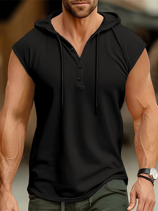 Men's Solid Color Hooded Tank Top With Henley Neck, Trendy And Chic Sports Vest For Summer Fitness And Outdoors Sports Wear